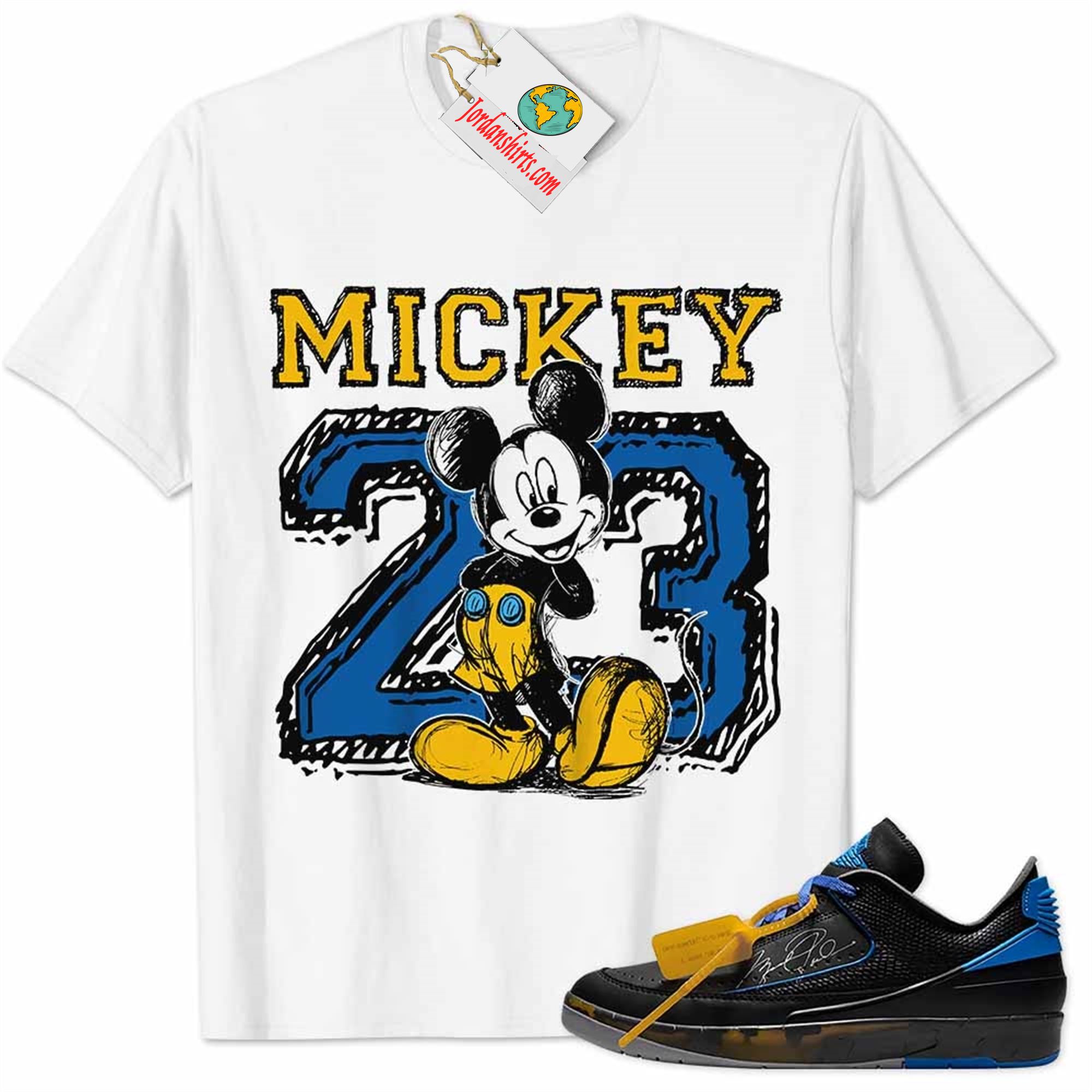Jordan 2 Shirt, Mickey 23 Jordan Number Draw White Air Jordan 2 Low X Off-white Black And Varsity Royal 2s Plus Size Up To 5xl
