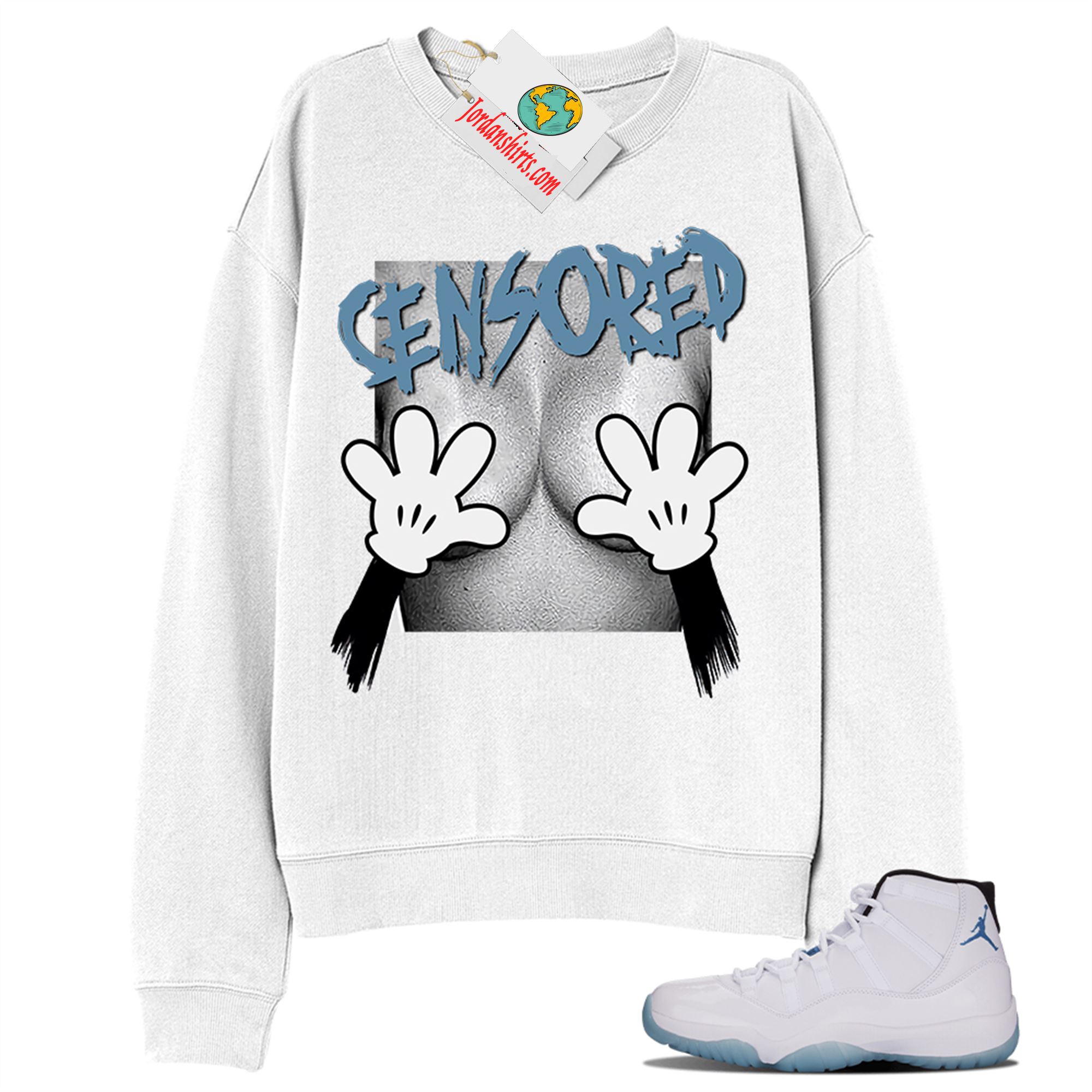 Jordan 11 Sweatshirt, Mickey Boobs Censored White Sweatshirt Air Jordan 11 Legend Blue 11s Plus Size Up To 5xl