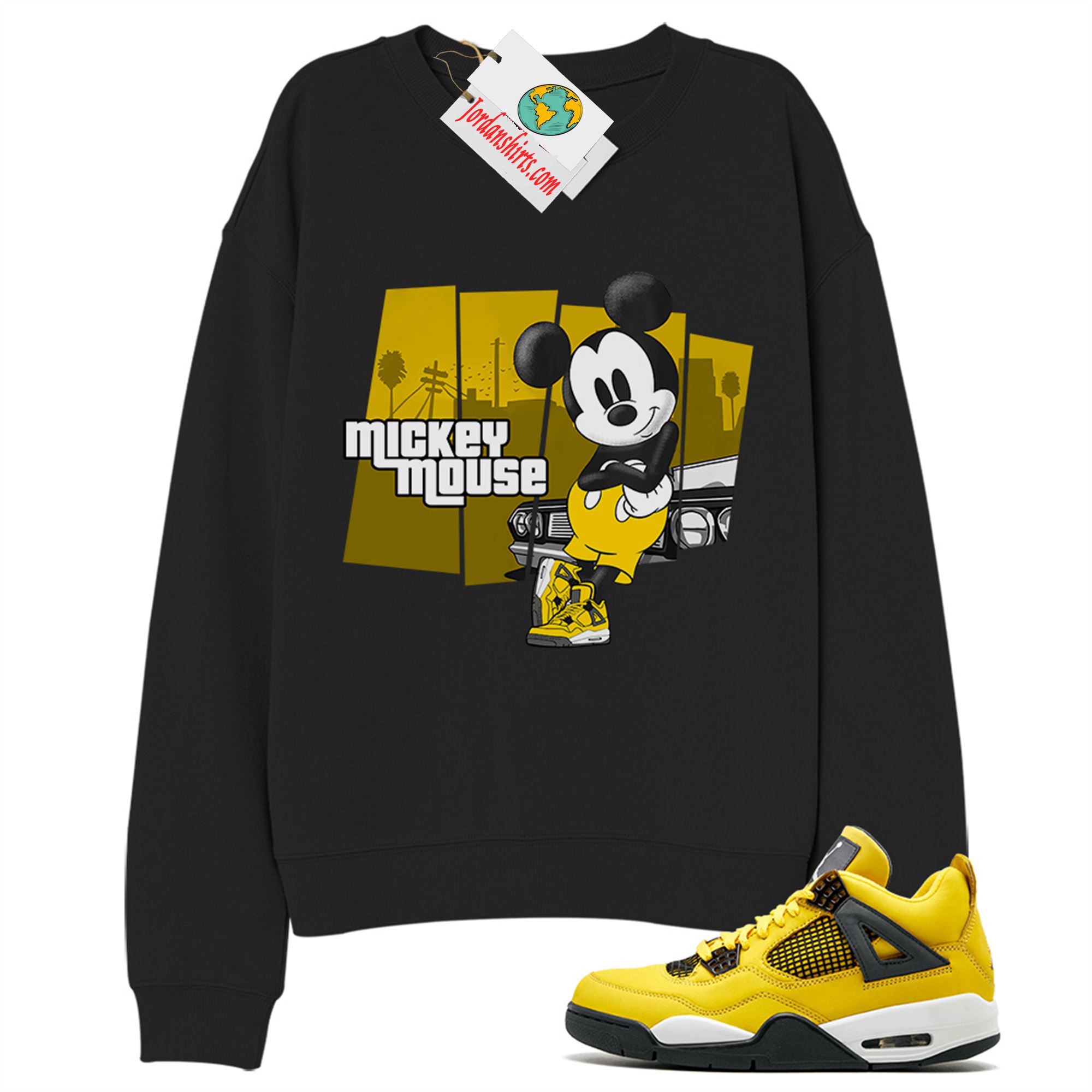 Jordan 4 Sweatshirt, Mickey Gta Black Sweatshirt Air Jordan 4 Tour Yellowlightning 4s Full Size Up To 5xl