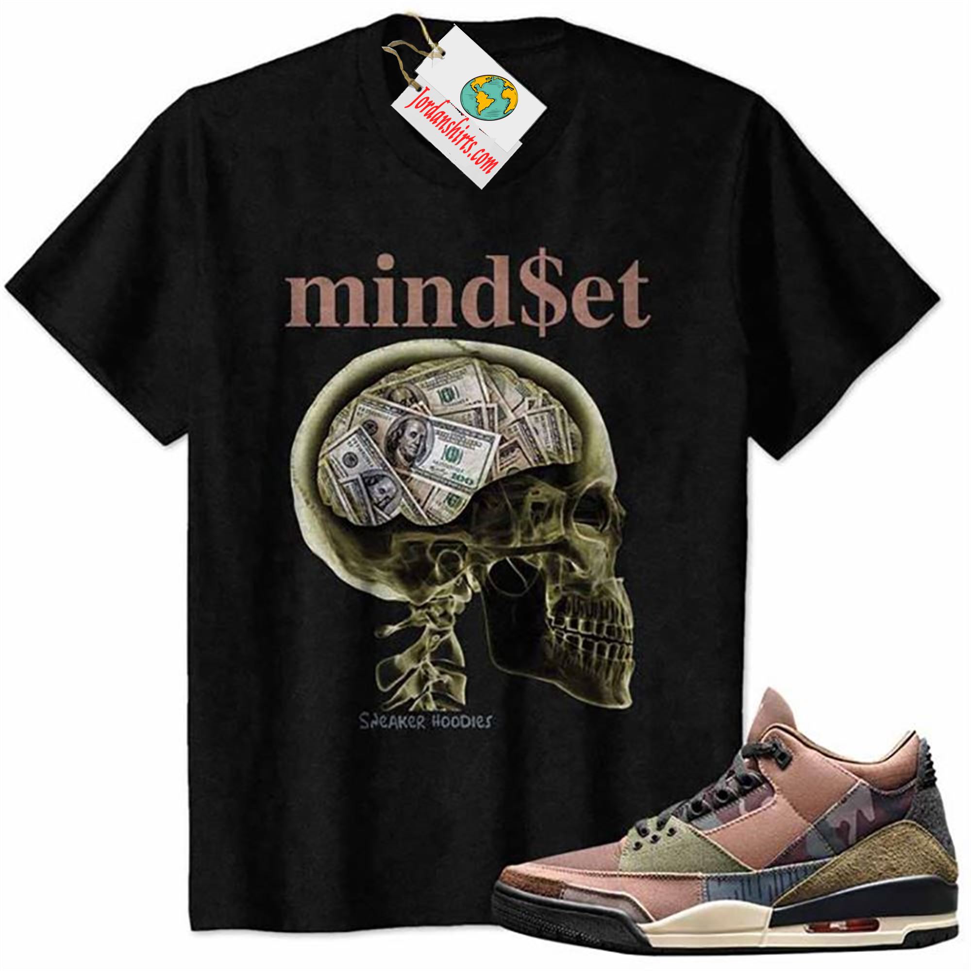 Jordan 3 Shirt, Mind Set Skull X-ray With Dollar Black Air Jordan 3 Patchwork 3s Plus Size Up To 5xl