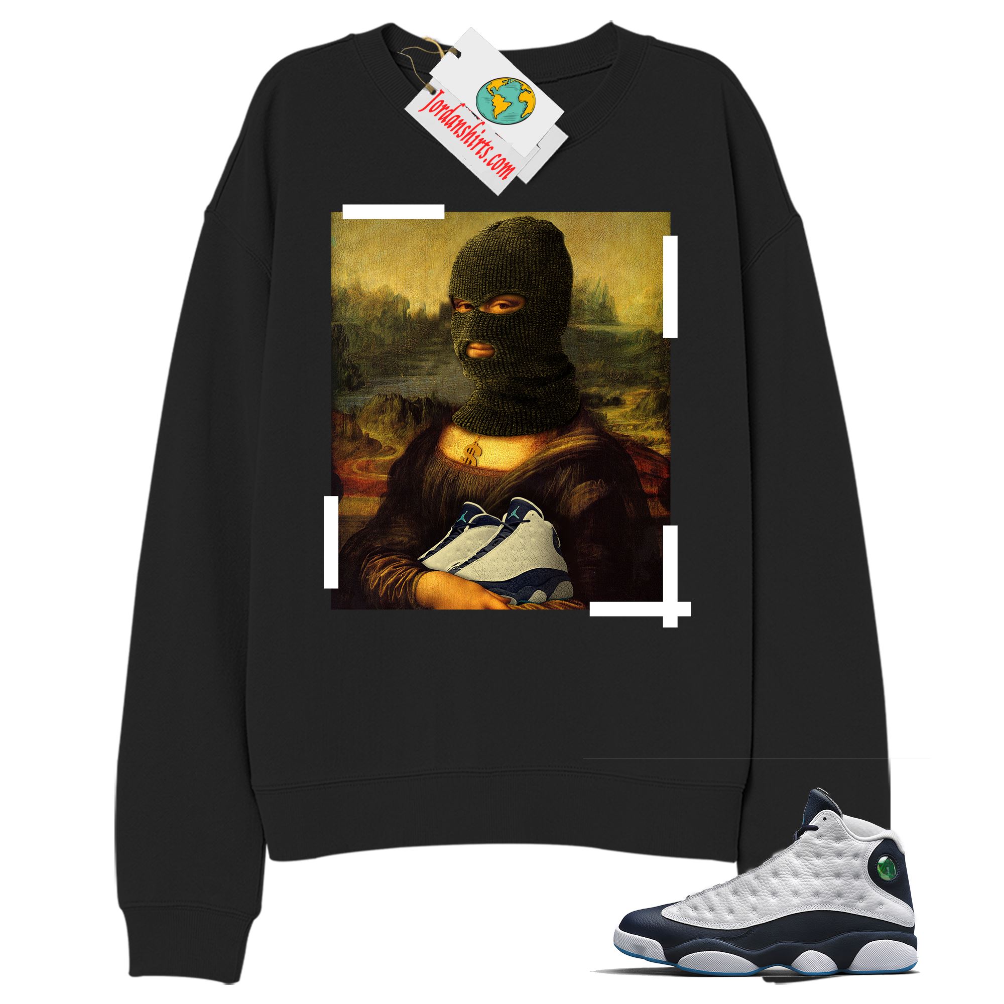 Jordan 13 Sweatshirt, Off White Mona Lisa Black Sweatshirt Air Jordan 13 Obsidian 13s Full Size Up To 5xl