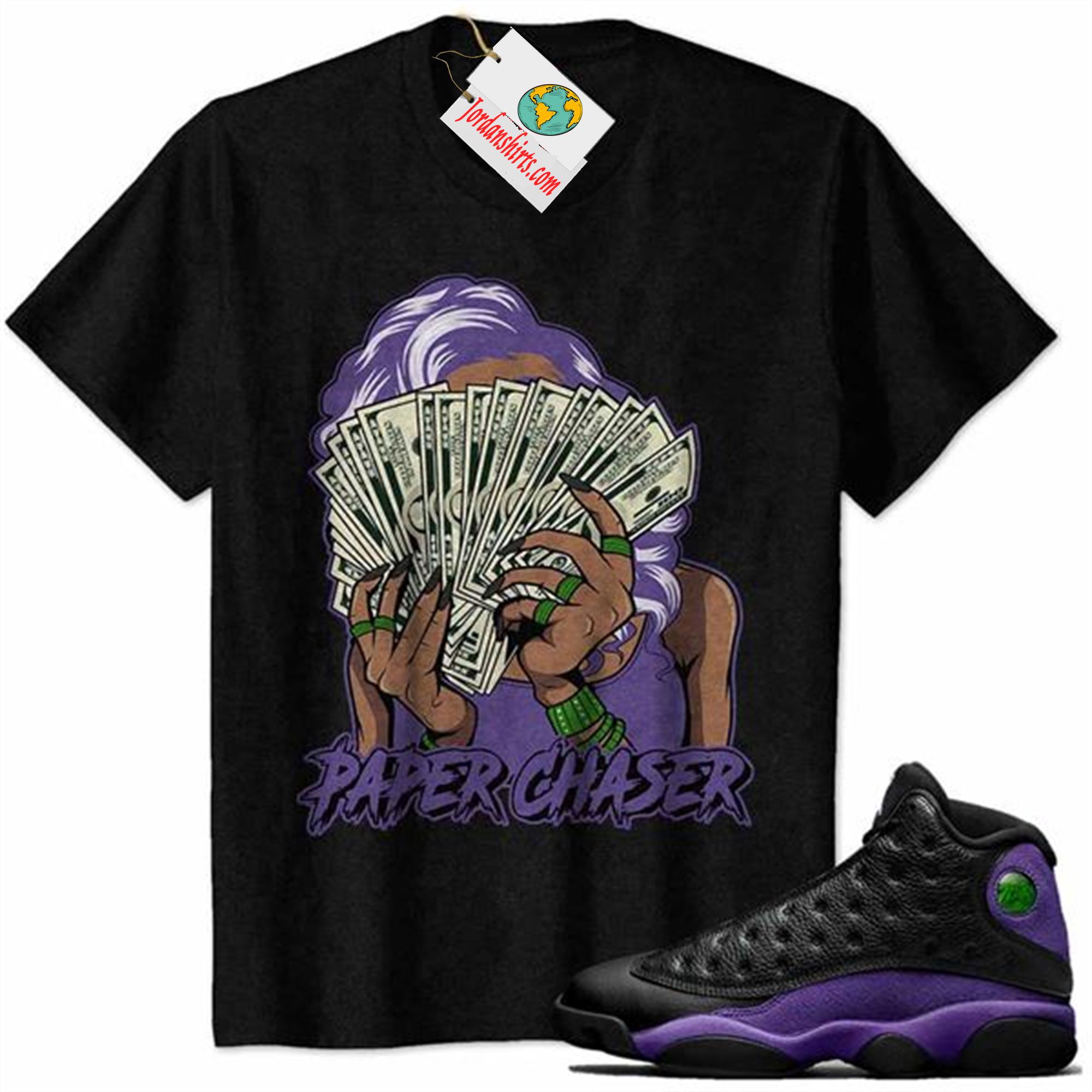Jordan 13 Shirt, Paper Chaser Business Woman Money Fan Spread Black Air Jordan 13 Court Purple 13s Plus Size Up To 5xl