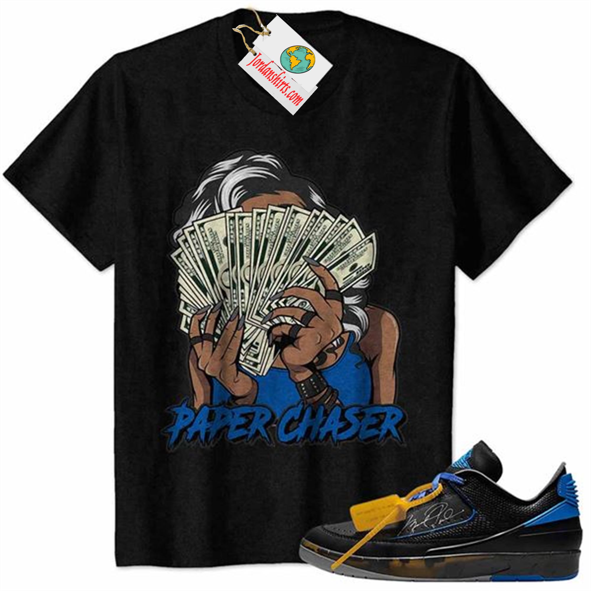 Jordan 2 Shirt, Paper Chaser Business Woman Money Fan Spread Black Air Jordan 2 Low X Off-white Black And Varsity Royal 2s Full Size Up To 5xl