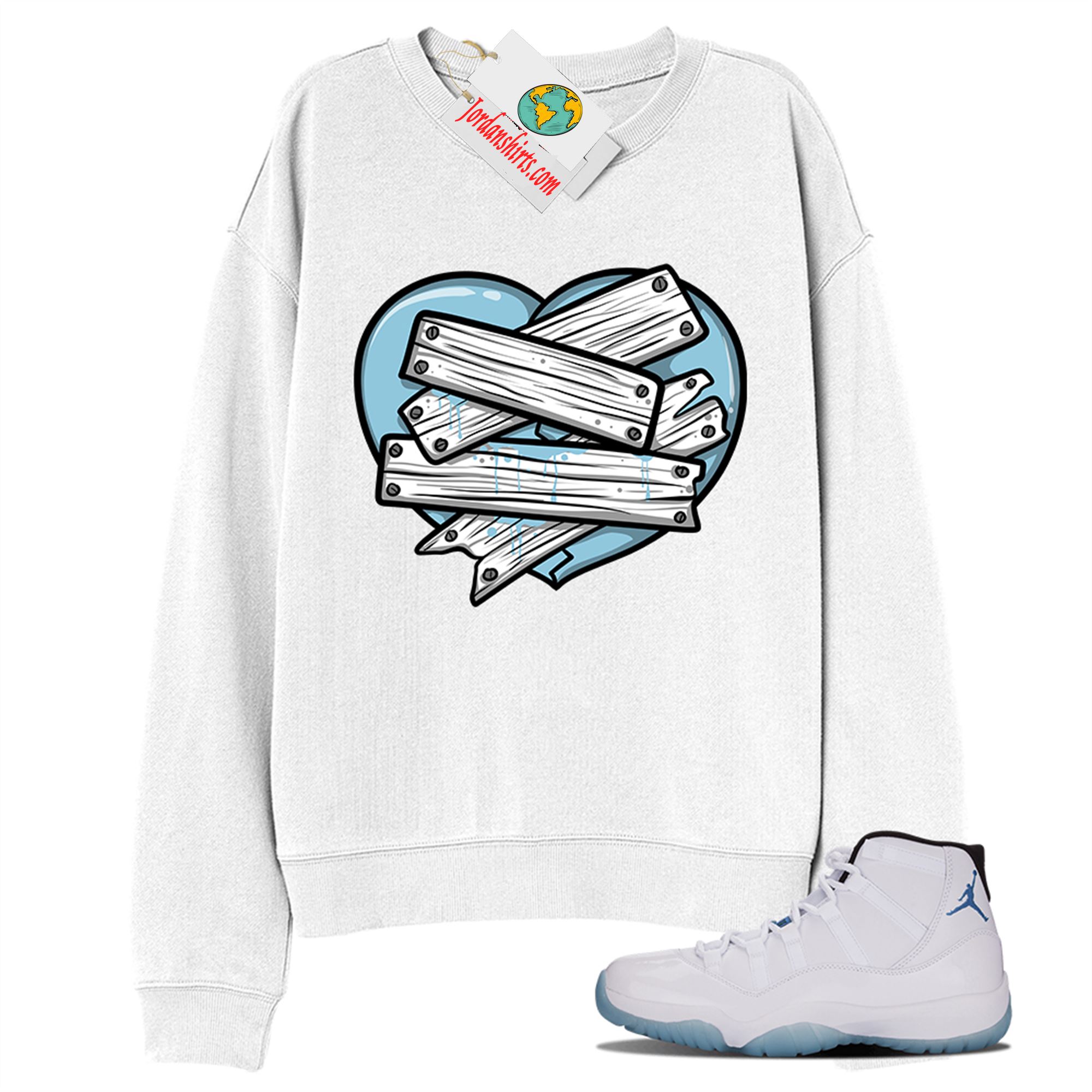 Jordan 11 Sweatshirt, Patch Love Broken Heart White Sweatshirt Air Jordan 11 Legend Blue 11s Full Size Up To 5xl