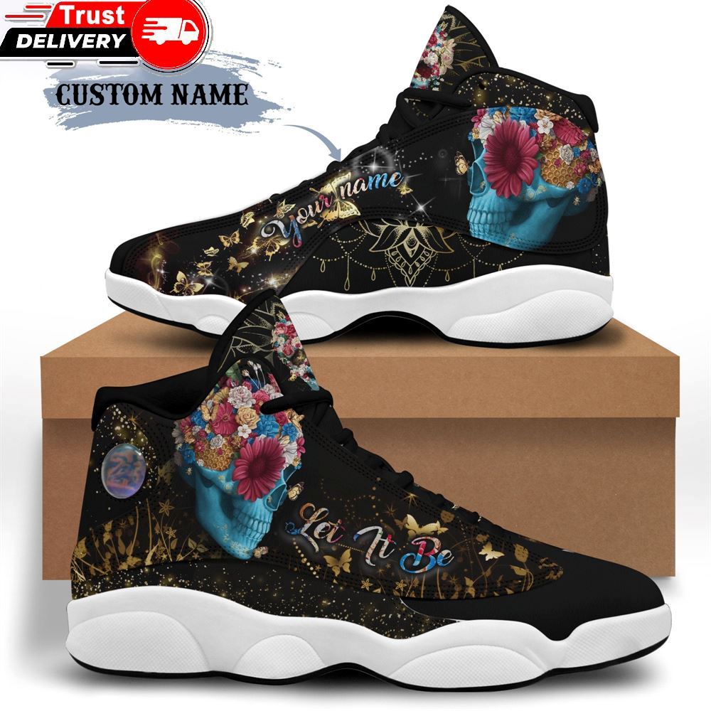 Jordan 13 Sneaker, Personalized Name Floral Skull Hippie 13 Sneakers Xiii Shoes