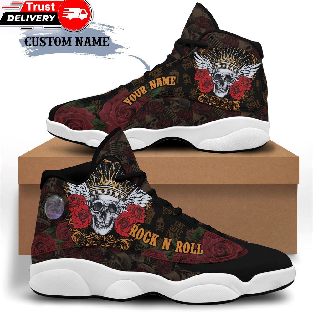 Jordan 13 Sneaker, Personalized Name Rock N Roll Skull Roses 13 Sneakers Xiii Shoes