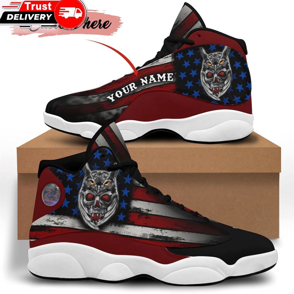 Jordan 13 Shoes, Personalized Name Skull Owl American Flag 13 Sneakers Xiii Shoes