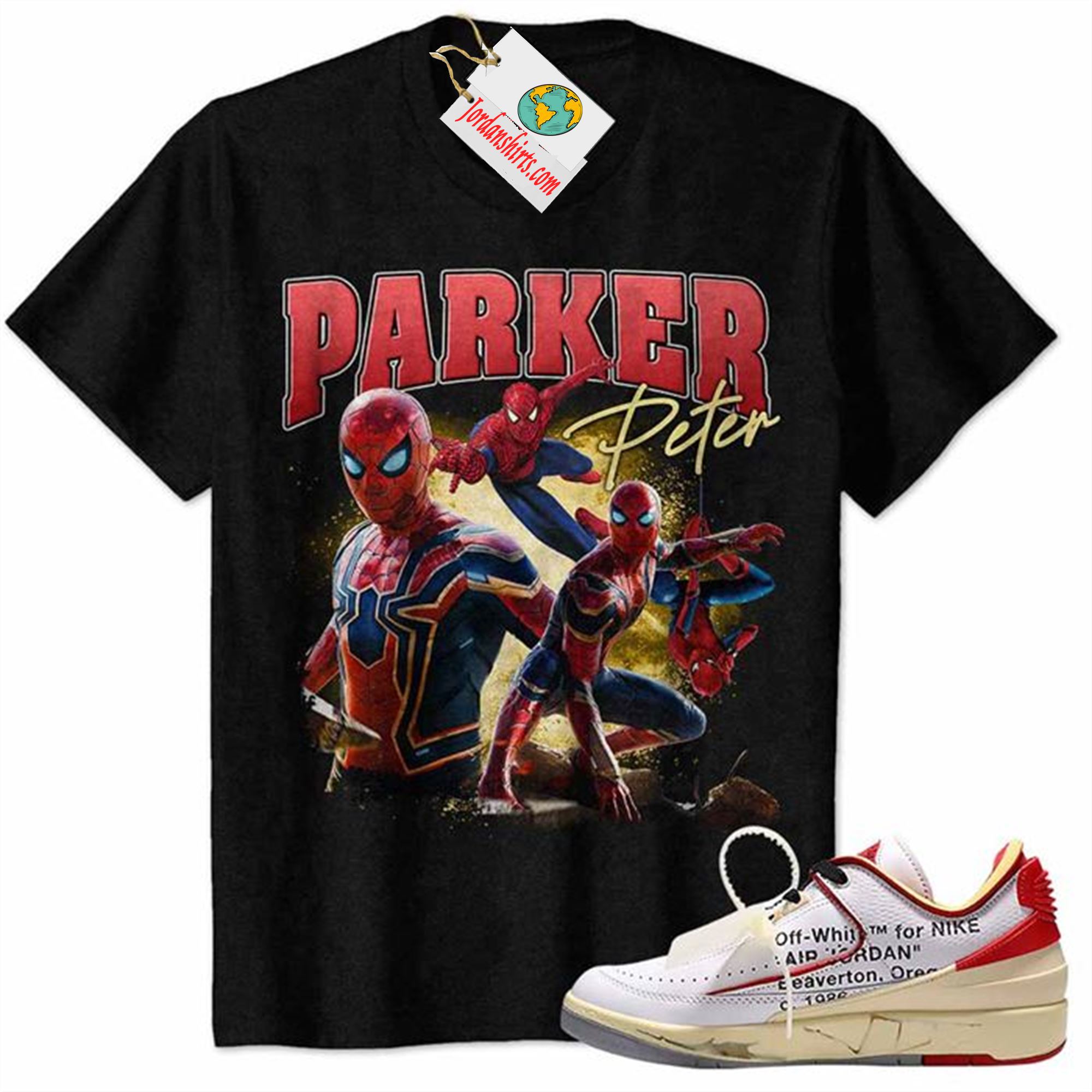 Jordan 2 Shirt, Peter Parker Tom Holland Spider-man No Way Home From Marvel Black Air Jordan 2 Low White Red Off-white 2s Plus Size Up To 5xl