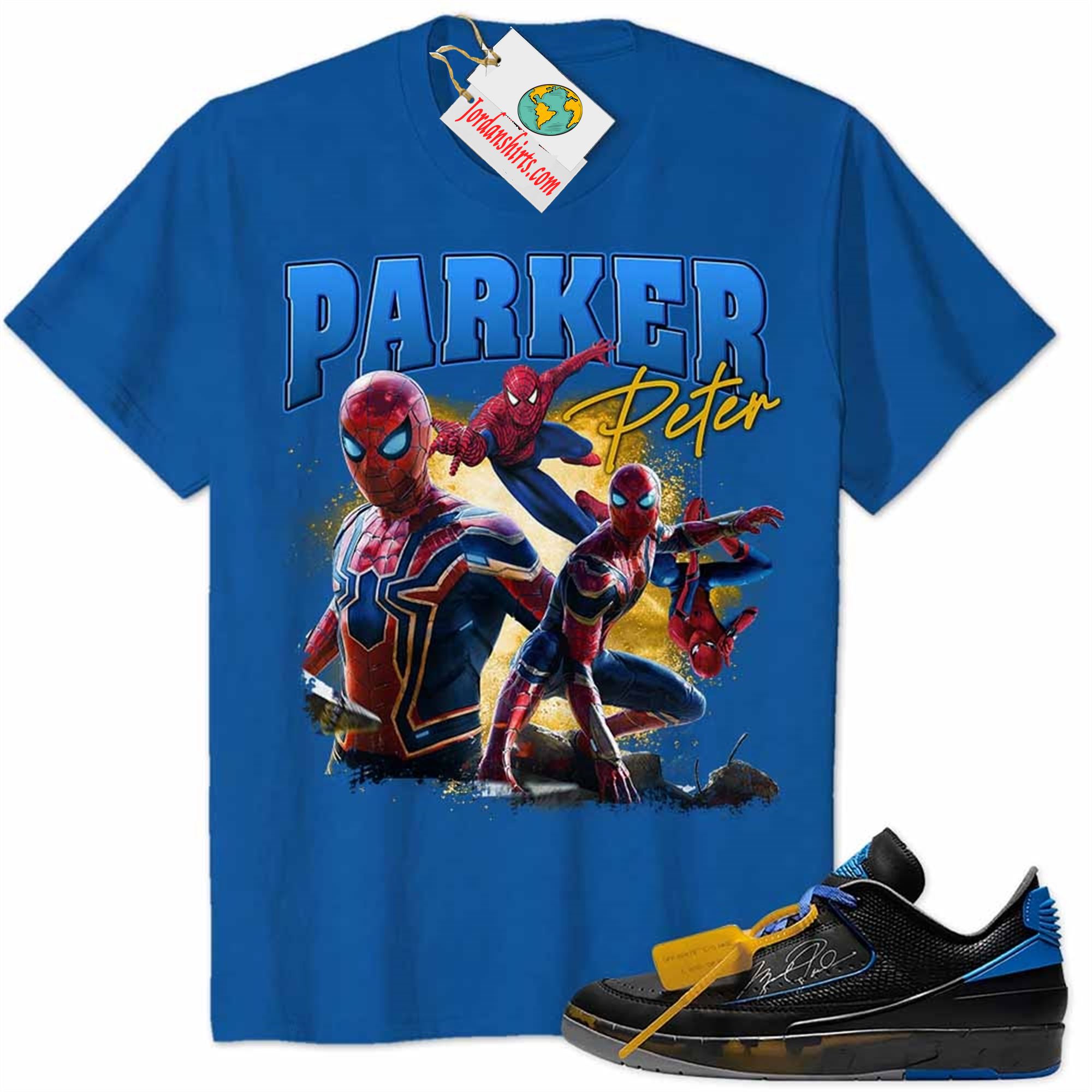 Jordan 2 Shirt, Peter Parker Tom Holland Spider-man No Way Home From Marvel Blue Air Jordan 2 Low X Off-white Black And Varsity Royal 2s Full Size Up To 5xl