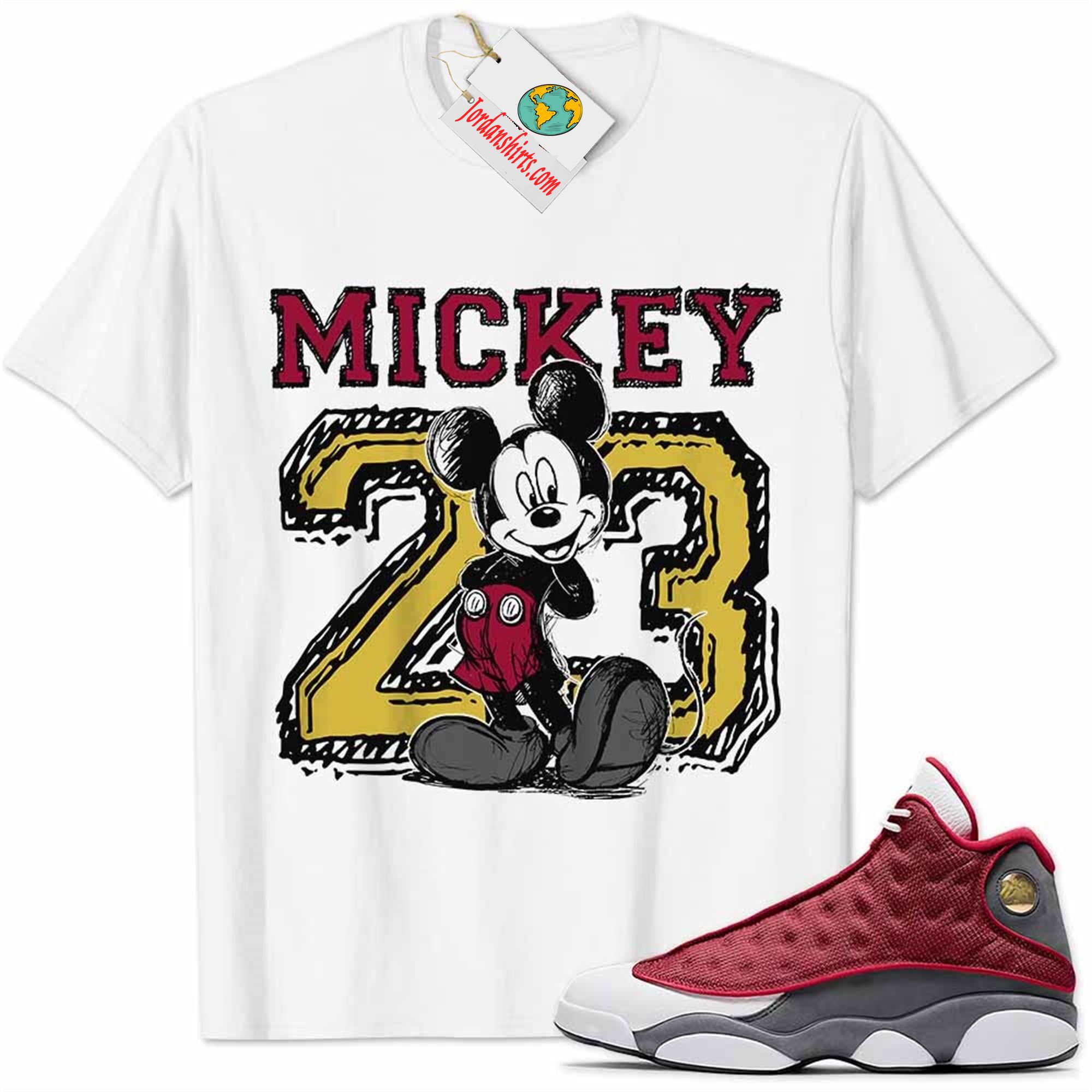 Jordan 13 Shirt, Red Flint 13s Shirt Mickey 23 Michael Jordan Number Draw White Full Size Up To 5xl