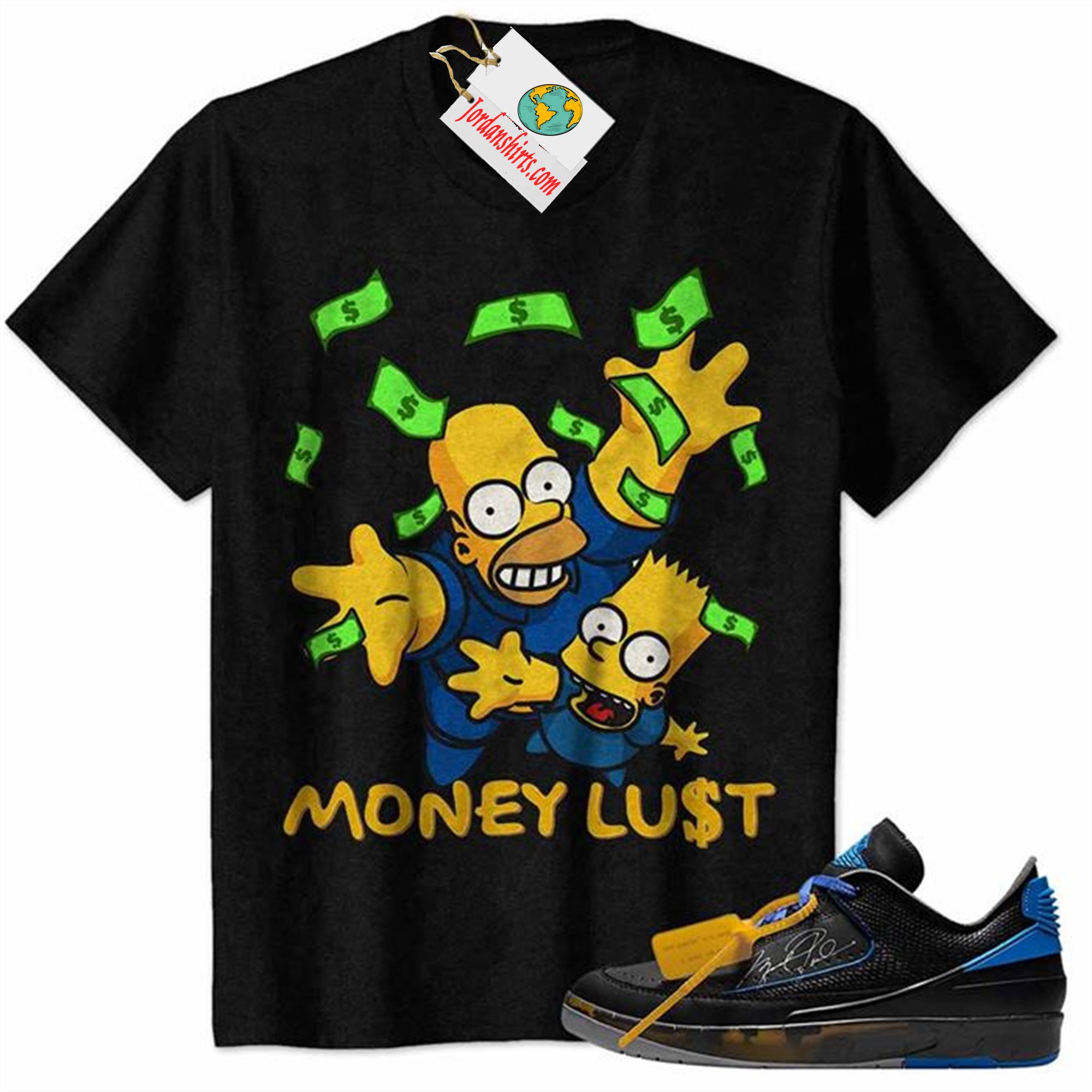 Jordan 2 Shirt, Rich Bart Simpson Dollar Money Black Air Jordan 2 Low X Off-white Black And Varsity Royal 2s Full Size Up To 5xl