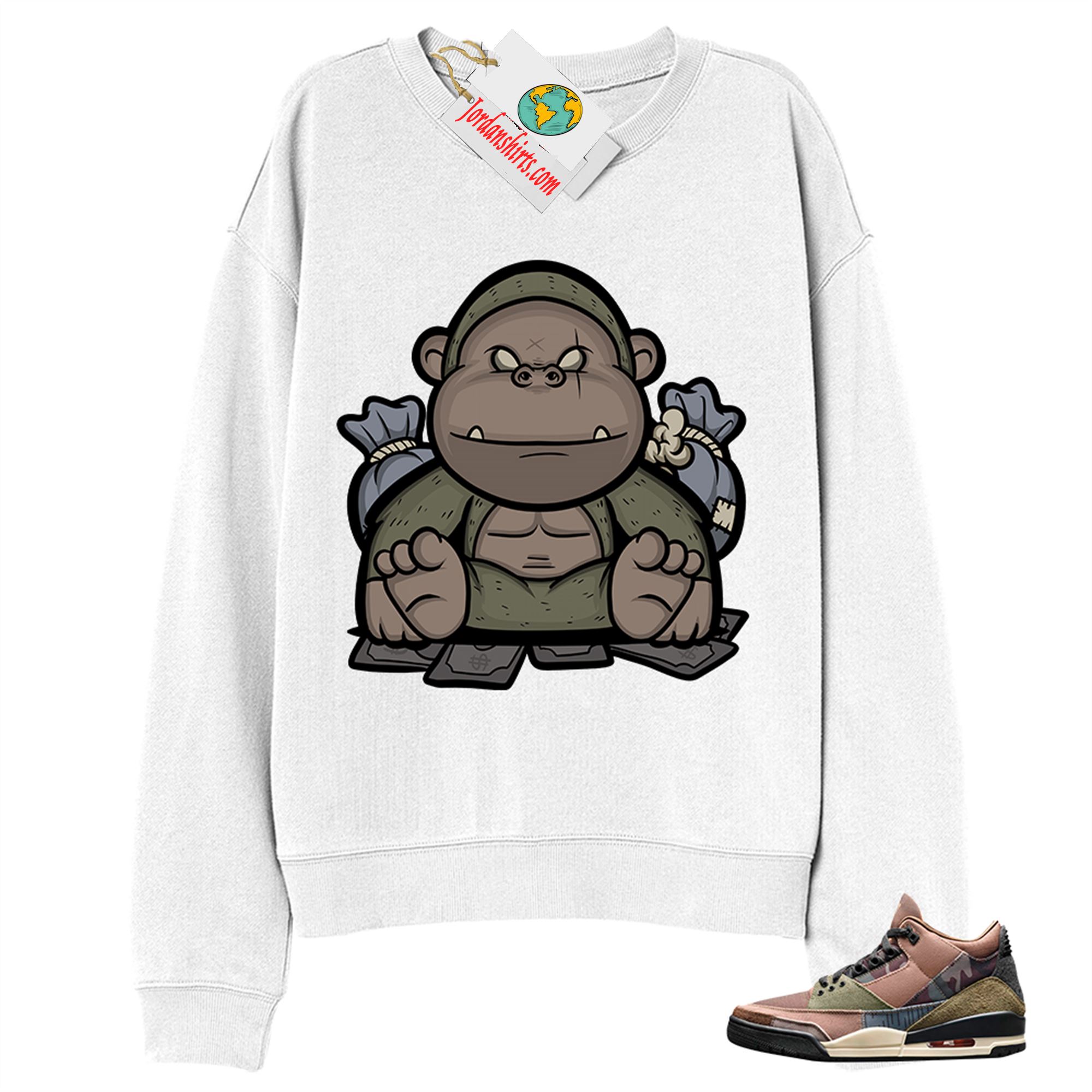 Jordan 3 Sweatshirt, Rich Gorilla With Money White Sweatshirt Air Jordan 3 Camo 3s Size Up To 5xl