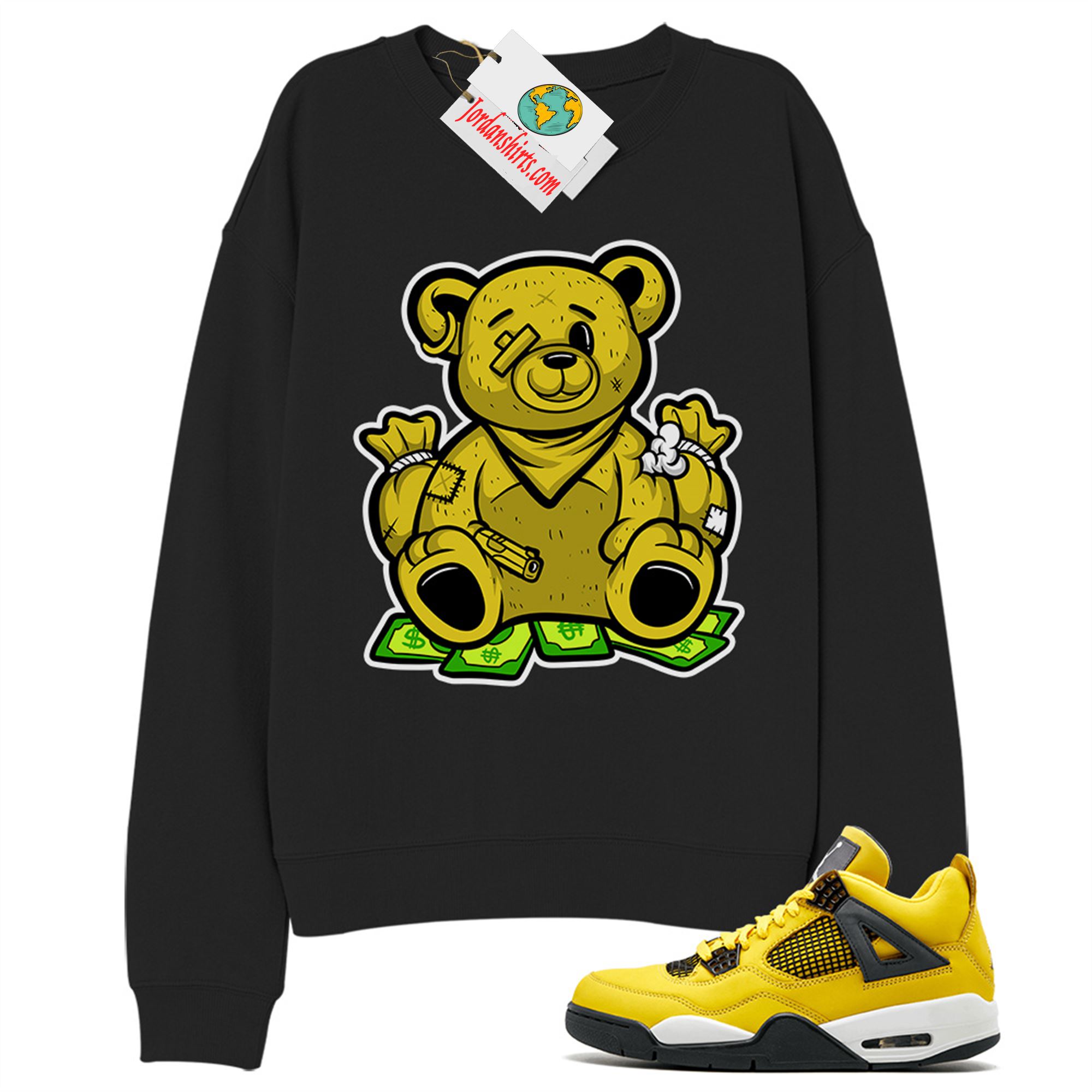 Jordan 4 Sweatshirt, Rich Teddy Bear Black Sweatshirt Air Jordan 4 Tour Yellowlightning 4s Plus Size Up To 5xl