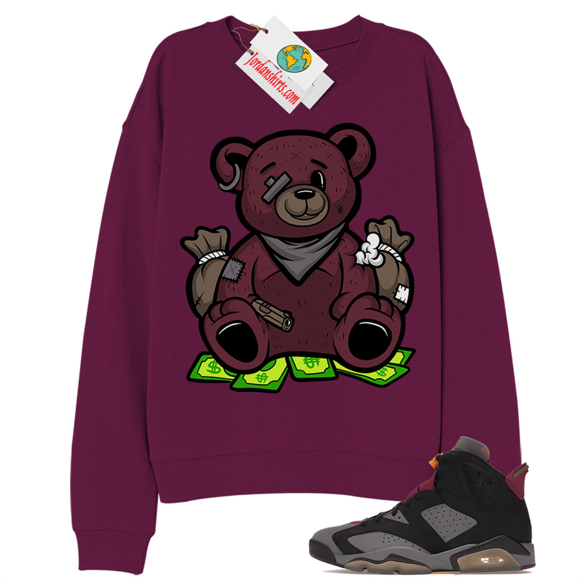 Jordan 6 Sweatshirt, Rich Teddy Bear Gangster Maroon Sweatshirt Air Jordan 6 Bordeaux 6s Plus Size Up To 5xl