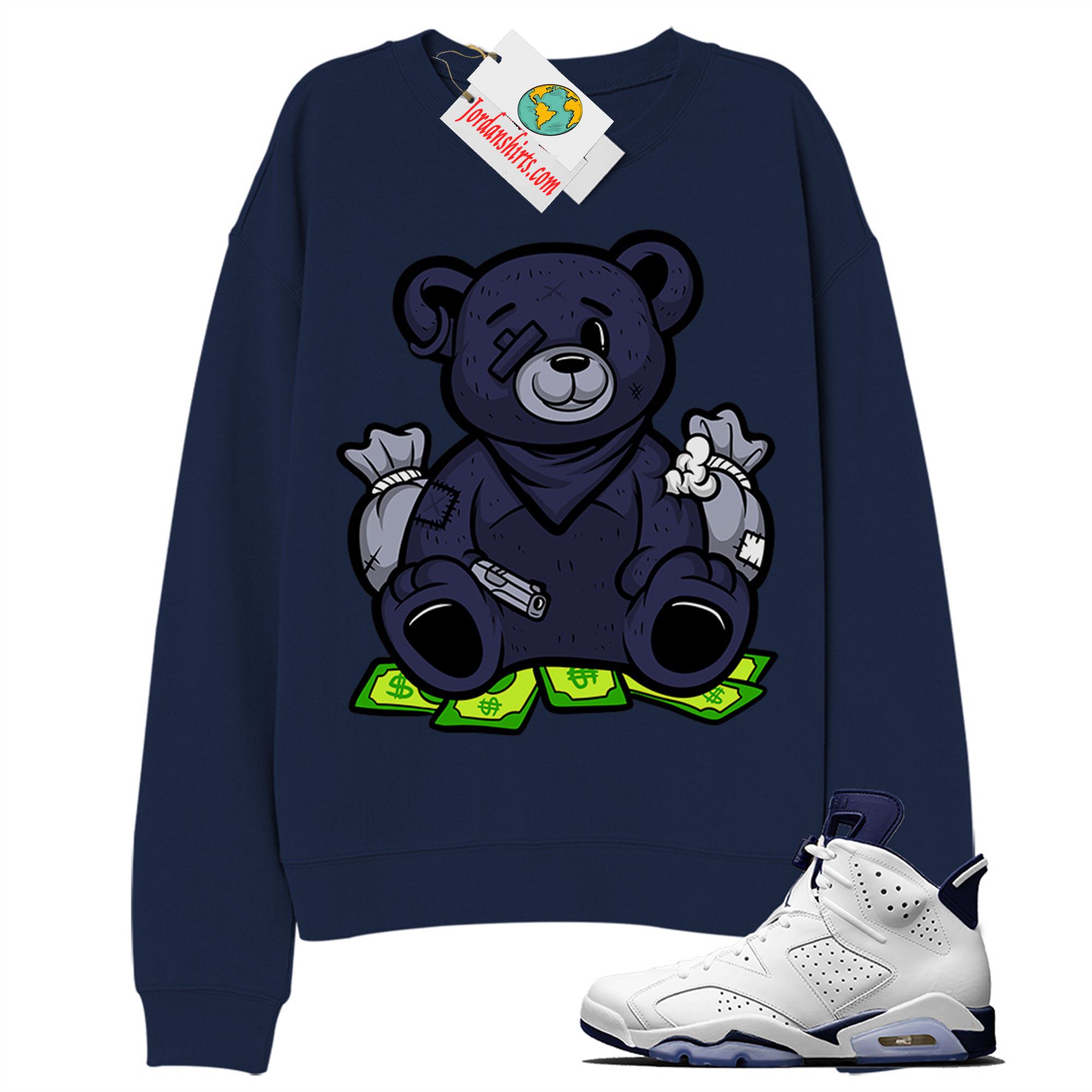 Jordan 6 Sweatshirt, Rich Teddy Bear Gangster Navy Sweatshirt Air Jordan 6 Midnight Navy 6s Size Up To 5xl