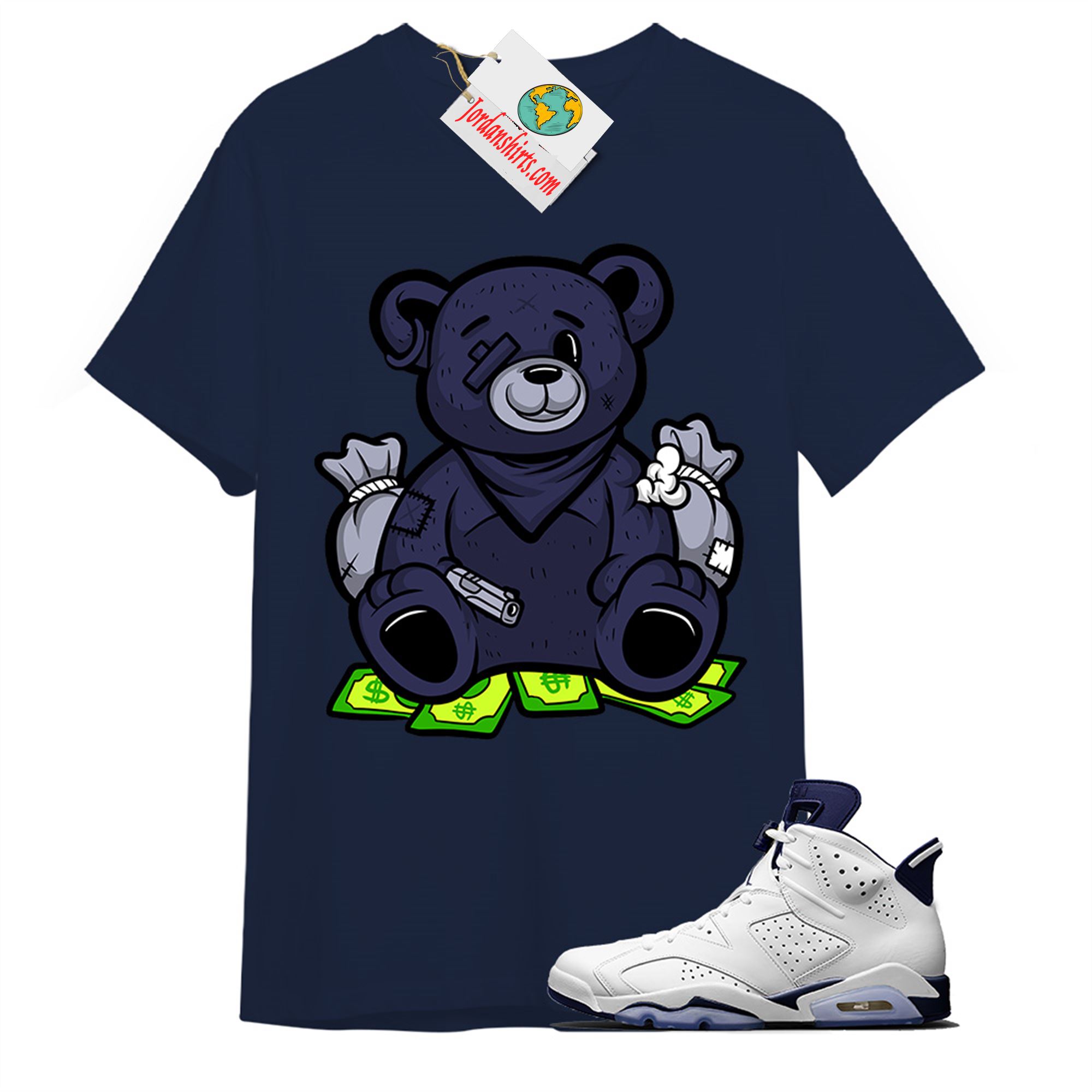 Jordan 6 Shirt, Rich Teddy Bear Gangster Navy T-shirt Air Jordan 6 Midnight Navy 6s Plus Size Up To 5xl