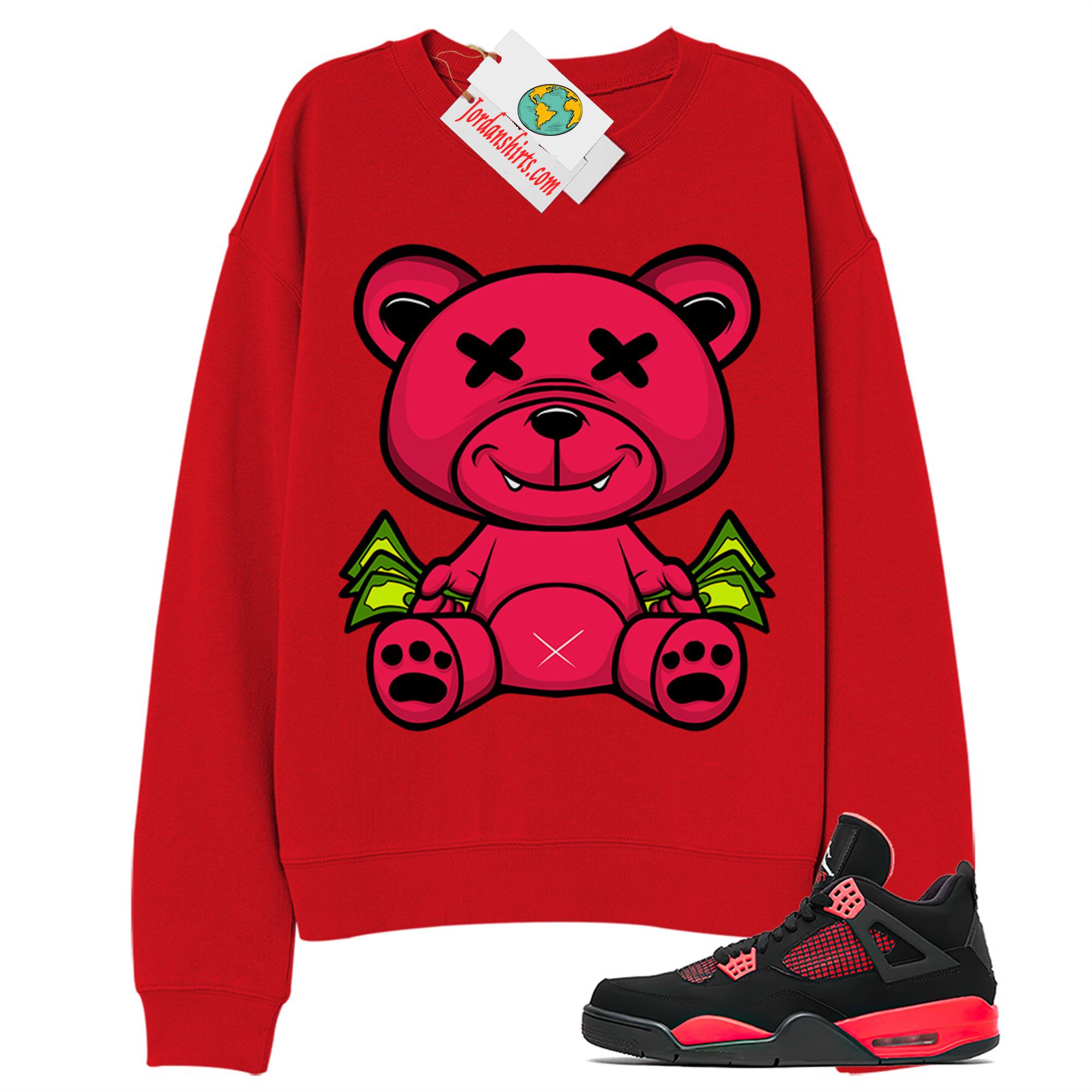 Jordan 4 Sweatshirt, Rich Teddy Bear Red Sweatshirt Air Jordan 4 Red Thunder 4s Plus Size Up To 5xl