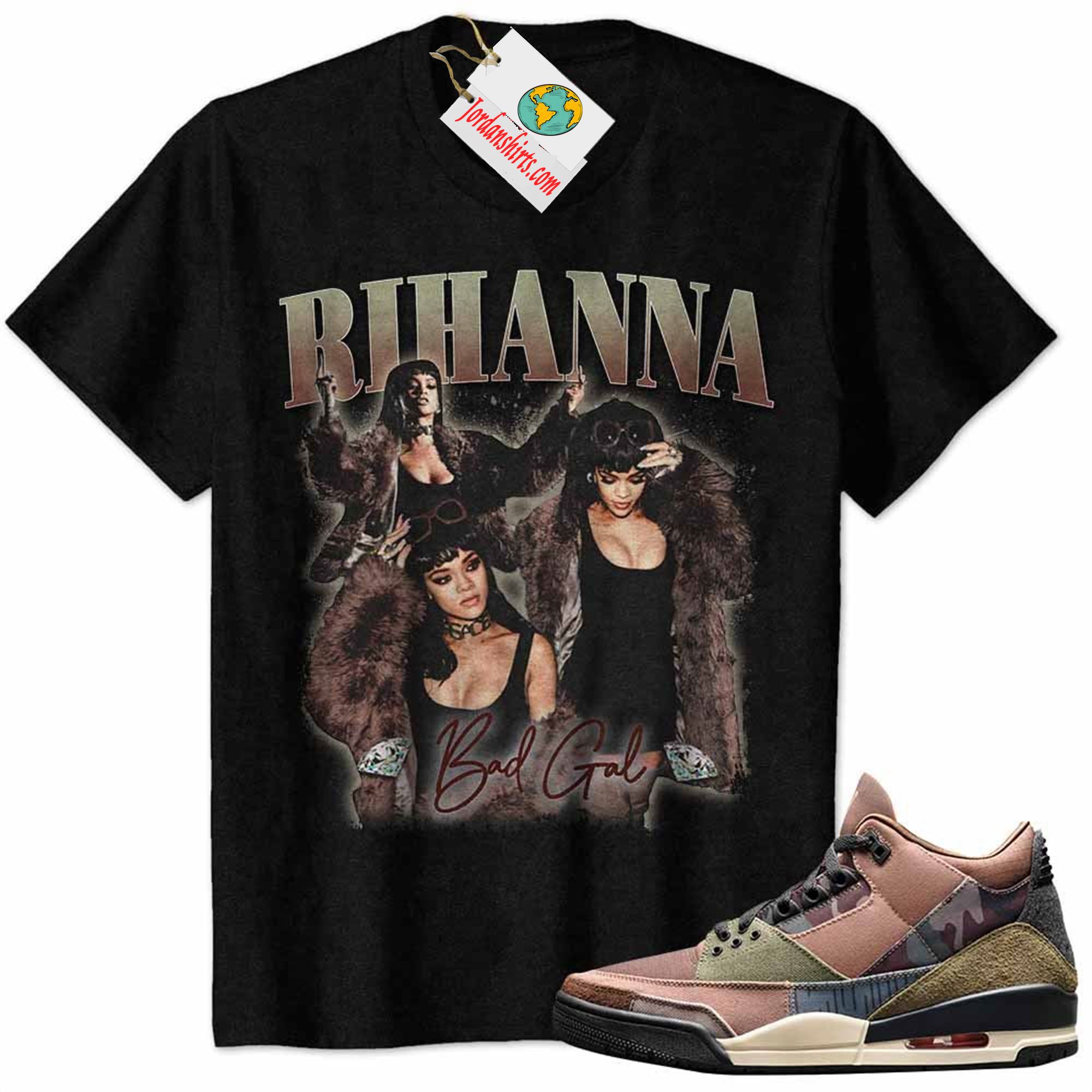 Jordan 3 Shirt, Rihanna Bad Gal Black Air Jordan 3 Patchwork 3s Full Size Up To 5xl