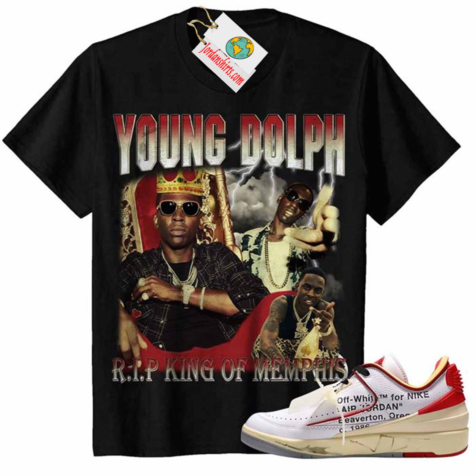 Jordan 2 Shirt, Rip King Of Memphis Young Dolph Vintage Black Air Jordan 2 Low White Red Off-white 2s Full Size Up To 5xl