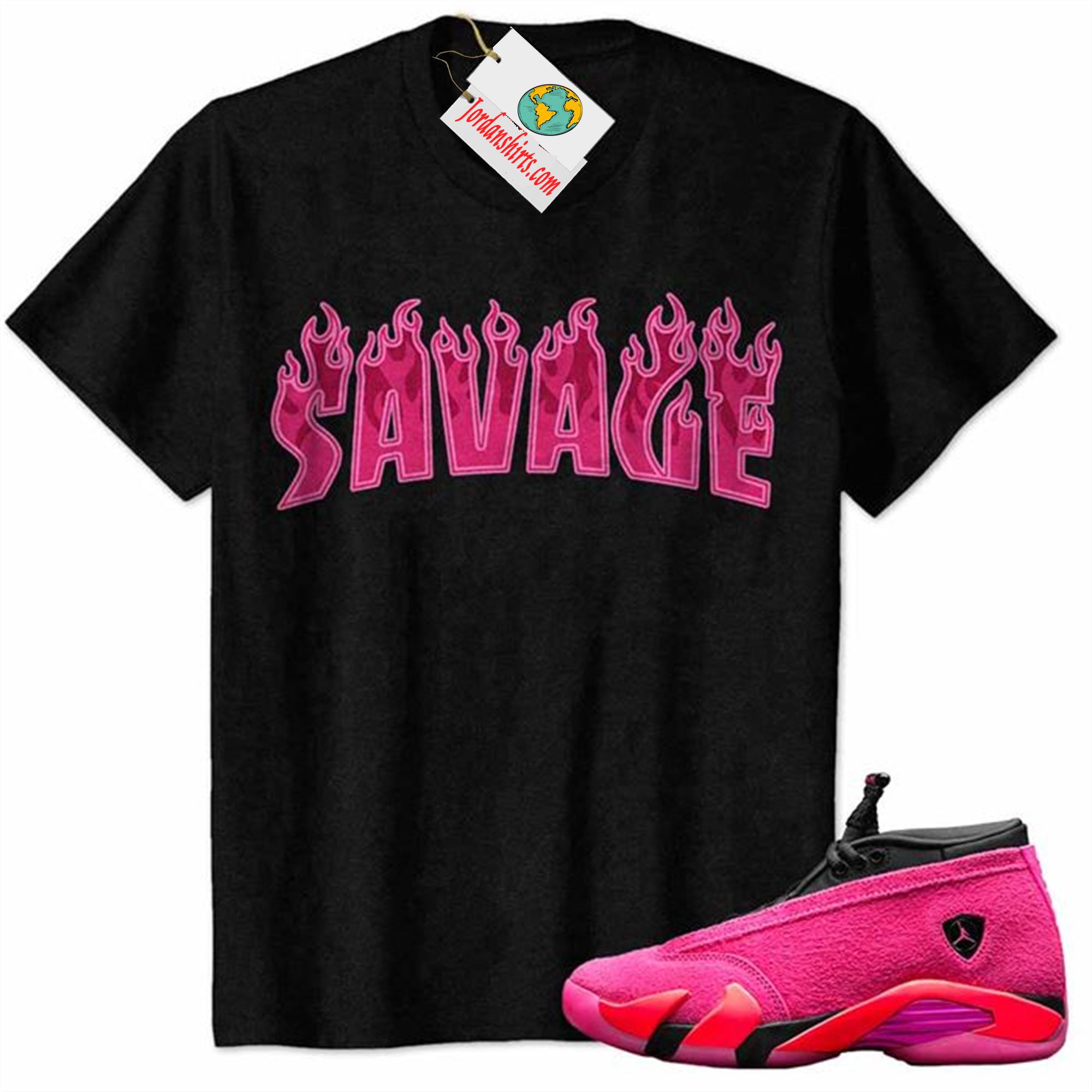 Jordan 14 Shirt, Savage Fire Style Black Air Jordan 14 Wmns Shocking Pink 14s Full Size Up To 5xl