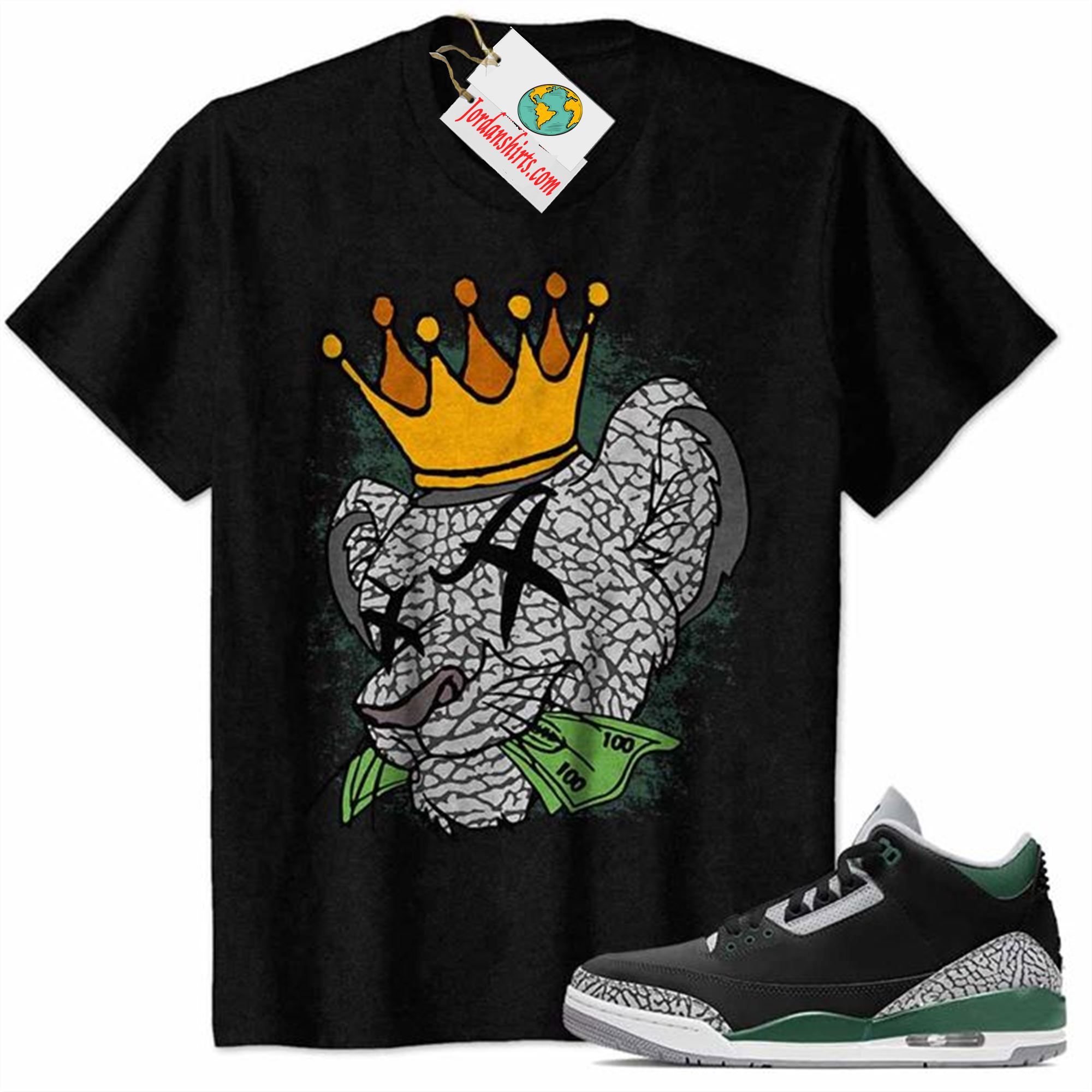 Jordan 3 Shirt, Simba Lion King With Crown Money Black Air Jordan 3 Pine Green 3s Plus Size Up To 5xl