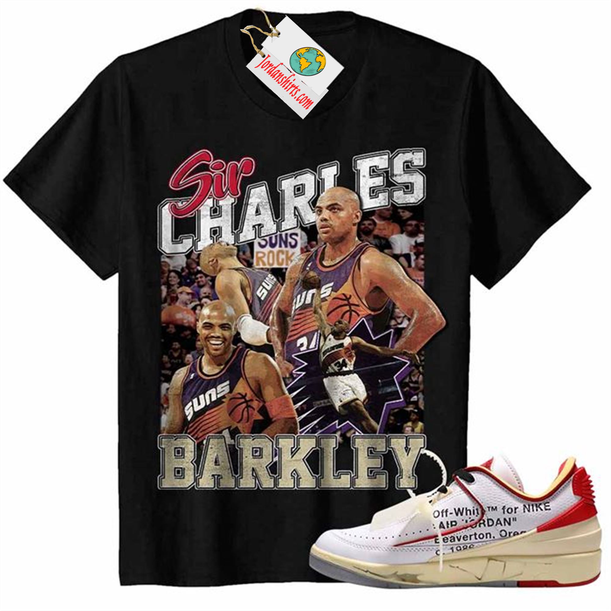 Jordan 2 Shirt, Sir Charles Barkley Phoenix Suns Bootleg 90s Black Air Jordan 2 Low White Red Off-white 2s Size Up To 5xl
