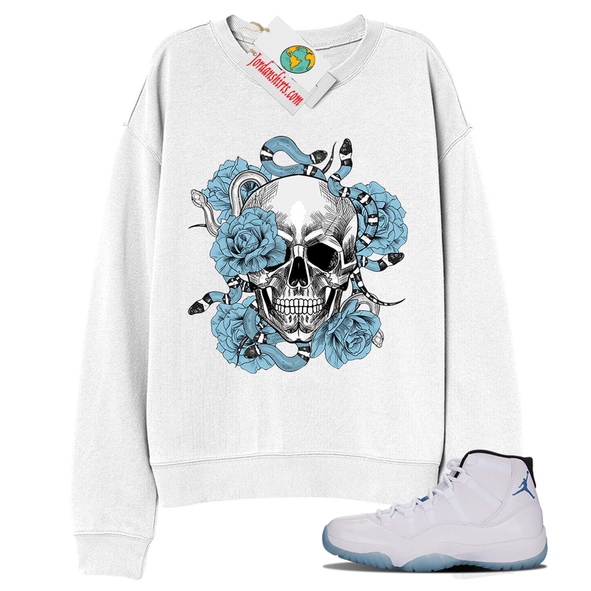 Jordan 11 Sweatshirt, Snake Skull Rose White Sweatshirt Air Jordan 11 Legend Blue 11s Plus Size Up To 5xl