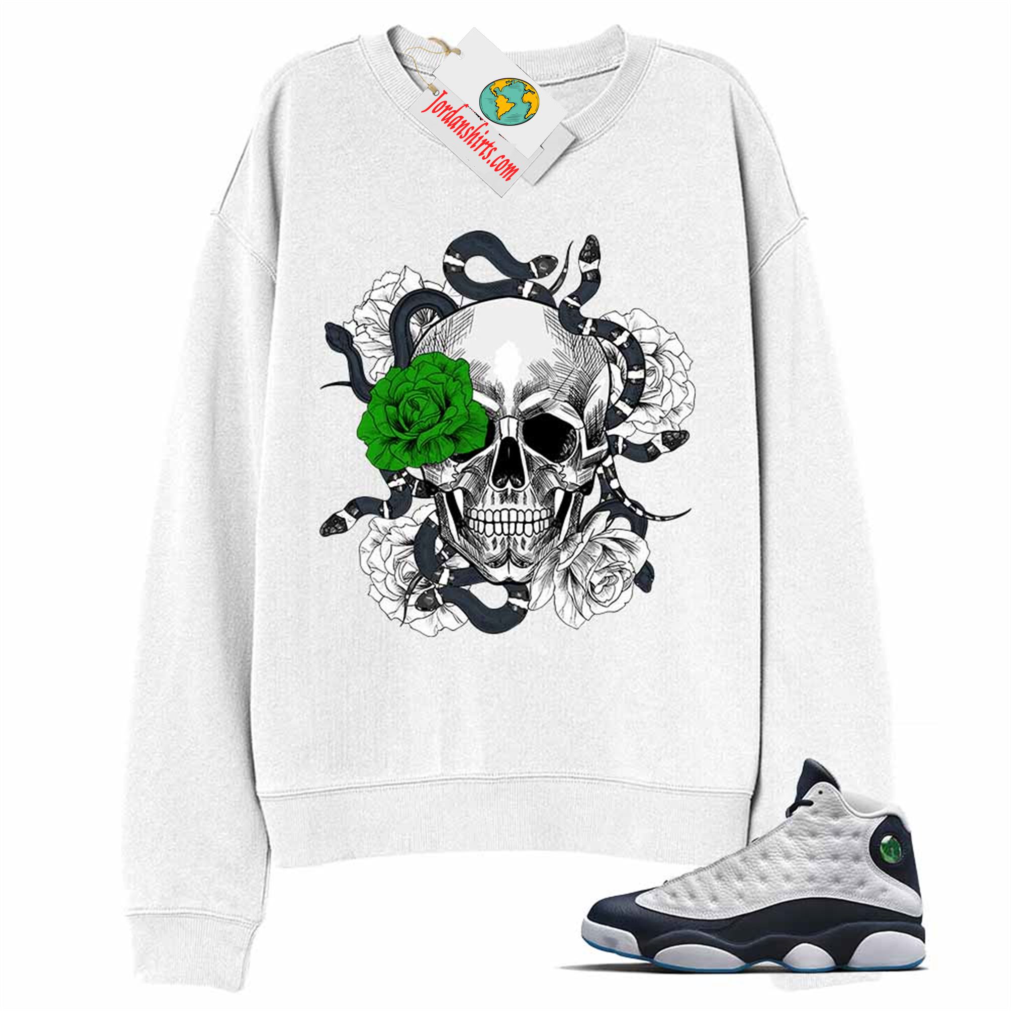 Jordan 13 Sweatshirt, Snake Skull Rose White Sweatshirt Air Jordan 13 Obsidian 13s Plus Size Up To 5xl