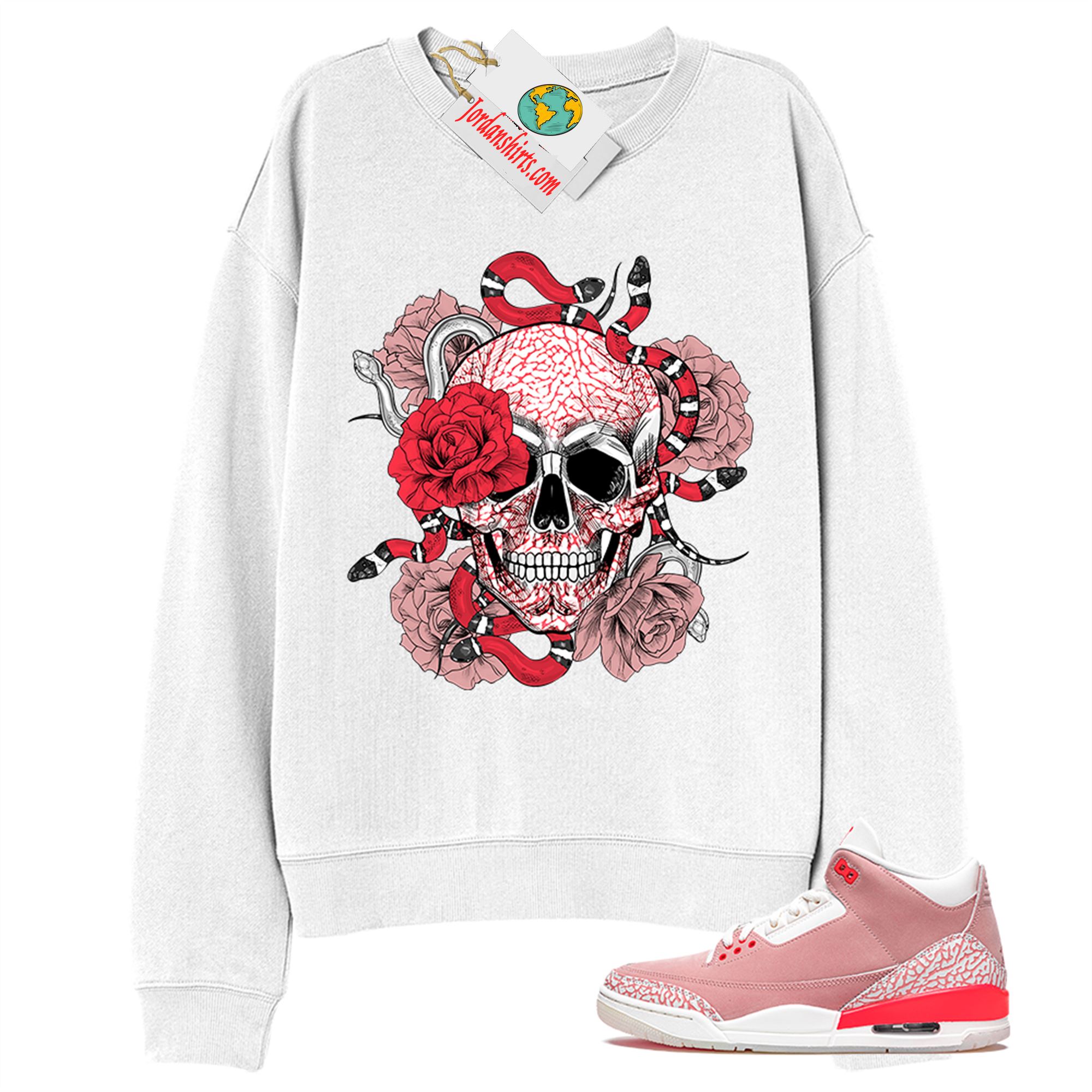Jordan 3 Sweatshirt, Snake Skull Rose White Sweatshirt Air Jordan 3 Rust Pink 3s Plus Size Up To 5xl
