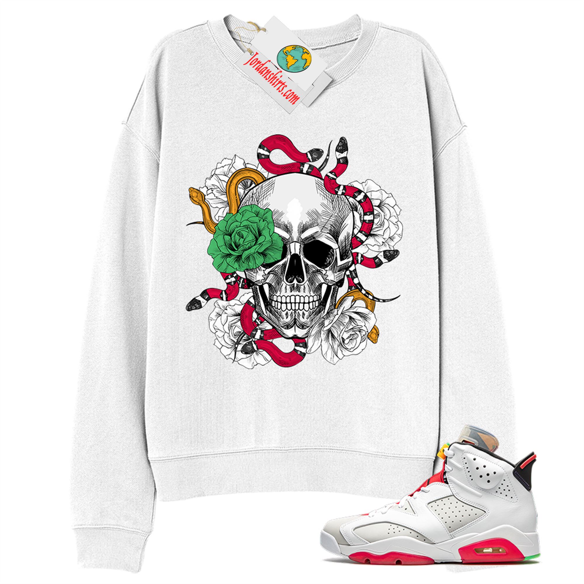Jordan 6 Sweatshirt, Snake Skull Rose White Sweatshirt Air Jordan 6 Hare 6s Plus Size Up To 5xl