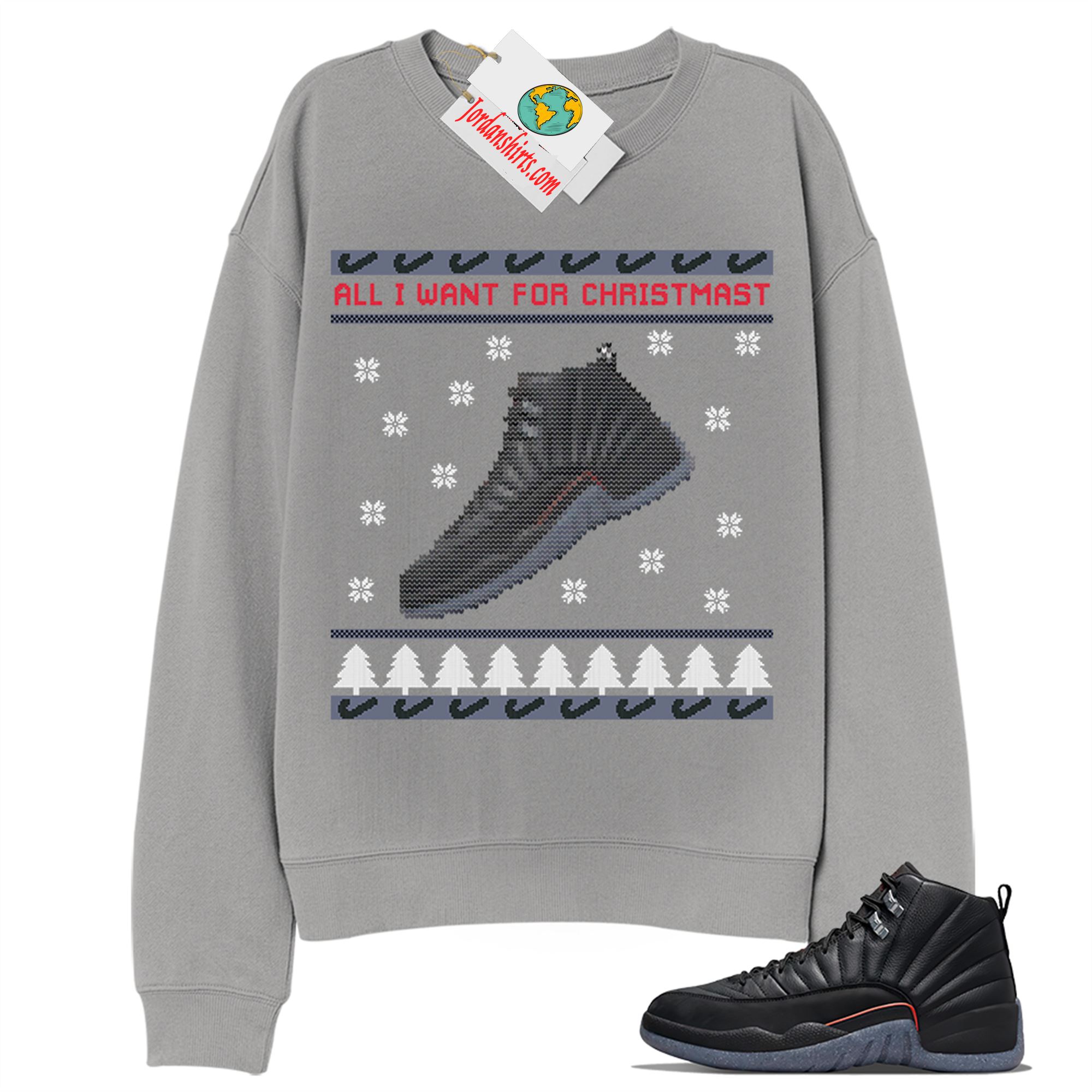 Jordan 12 Sweatshirt, Sneaker Ugly Christmas Shirt Grey Sweatshirt Air Jordan 12 Utility Grind 12s Plus Size Up To 5xl