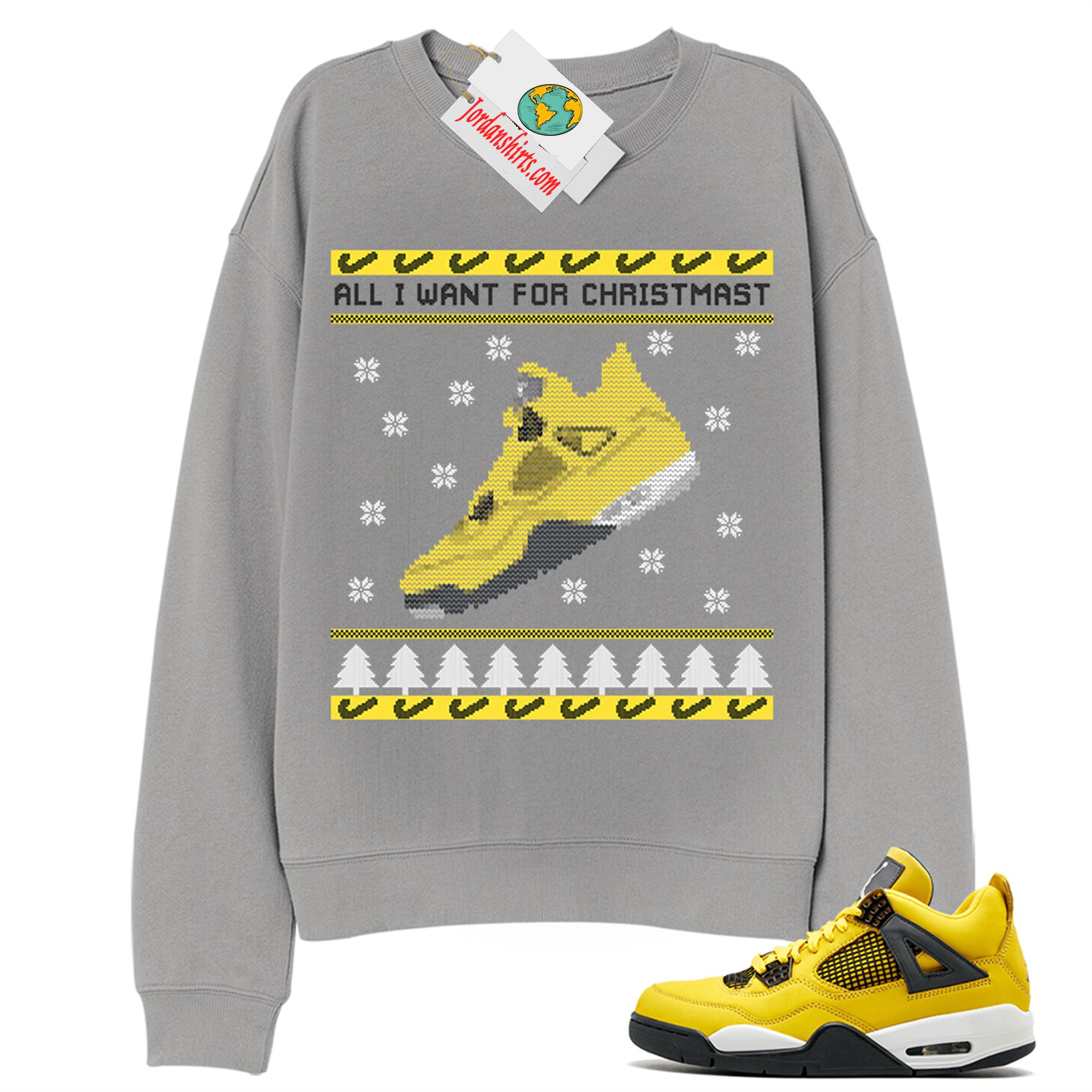 Jordan 4 Sweatshirt, Sneaker Ugly Christmas Shirt Grey Sweatshirt Air Jordan 4 Tour Yellow Lightning 4s Plus Size Up To 5xl
