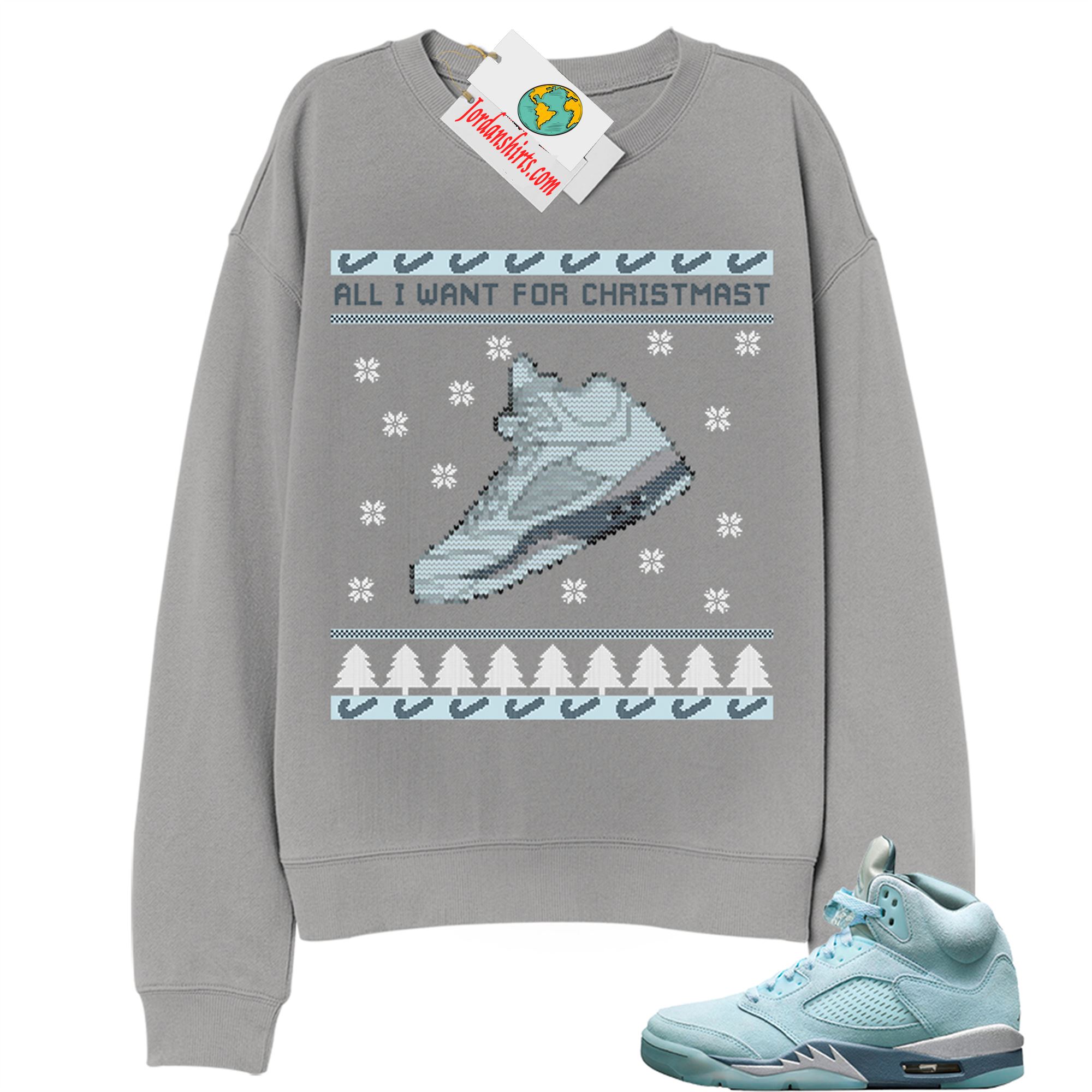 Jordan 5 Sweatshirt, Sneaker Ugly Christmas Shirt Grey Sweatshirt Air Jordan 5 Bluebird 5s Plus Size Up To 5xl