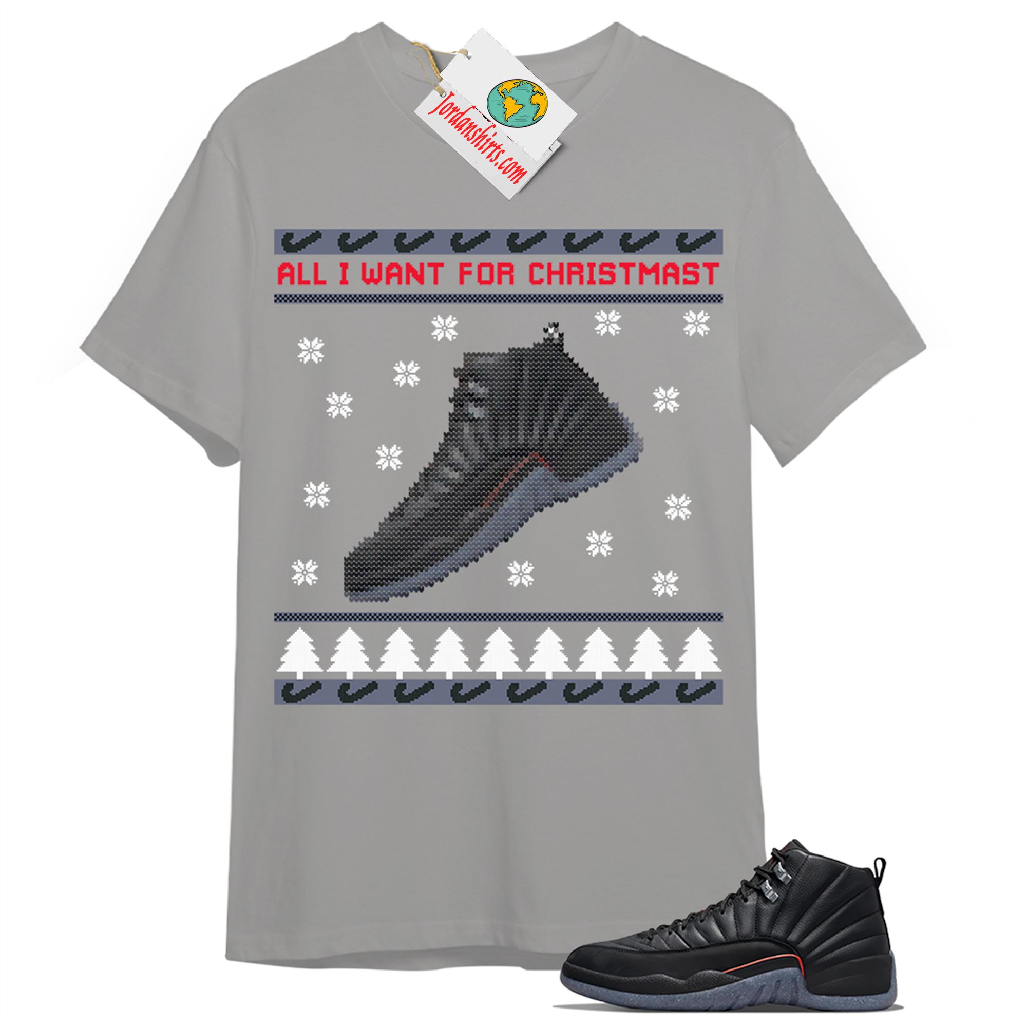 Jordan 12 Shirt, Sneaker Ugly Christmas Shirt Grey T-shirt Air Jordan 12 Utility Grind 12s Plus Size Up To 5xl