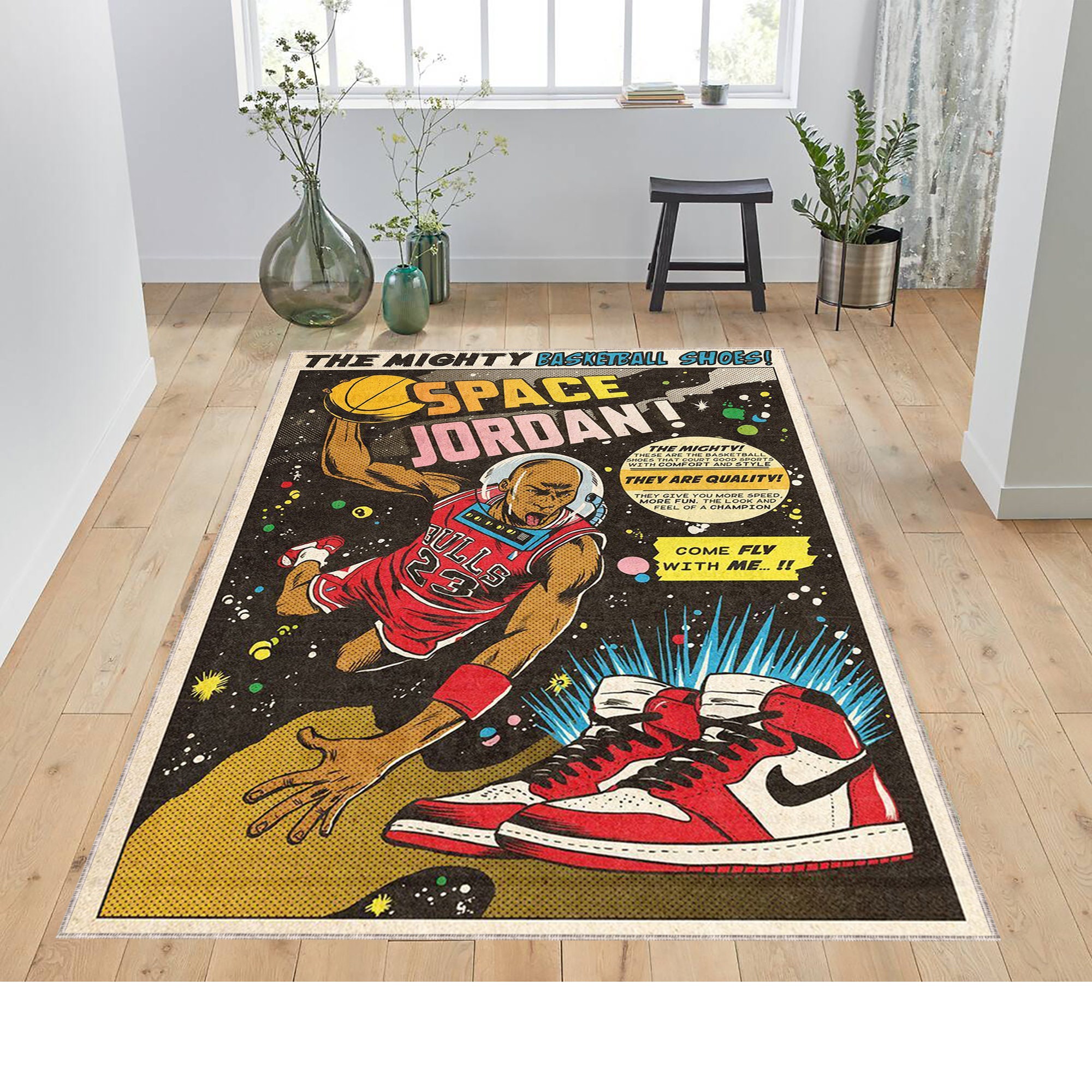 3d Squre Rug| Space Man The Mighty Basketball Shoes Come Fly With Me Air Sportman Flying Man Jupman Man Rug Sneakers Rug Legend Basketball Man Rug - Jordan Area Rug