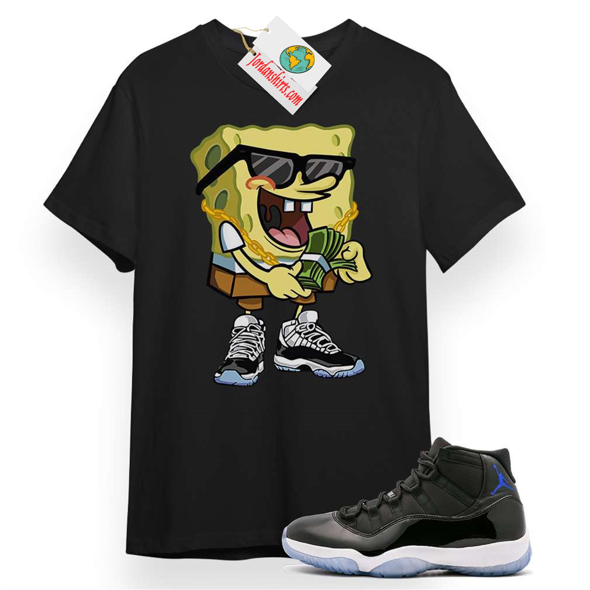 Jordan 11 Shirt, Spongebob Black T-shirt Air Jordan 11 Space Jam 11s Full Size Up To 5xl