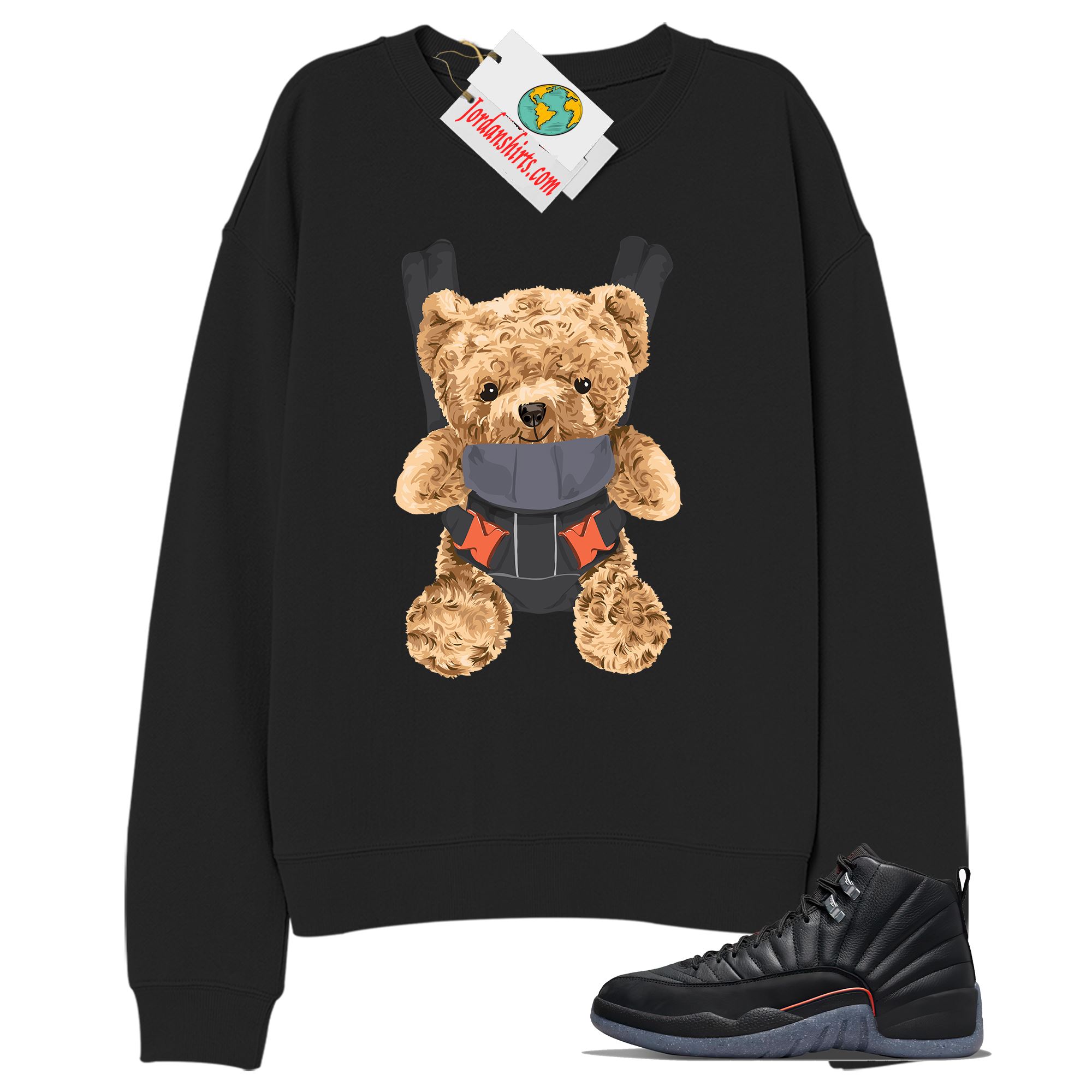 Jordan 12 Sweatshirt, Teddy Bear Bag Black Sweatshirt Air Jordan 12 Utility Grind 12s Full Size Up To 5xl