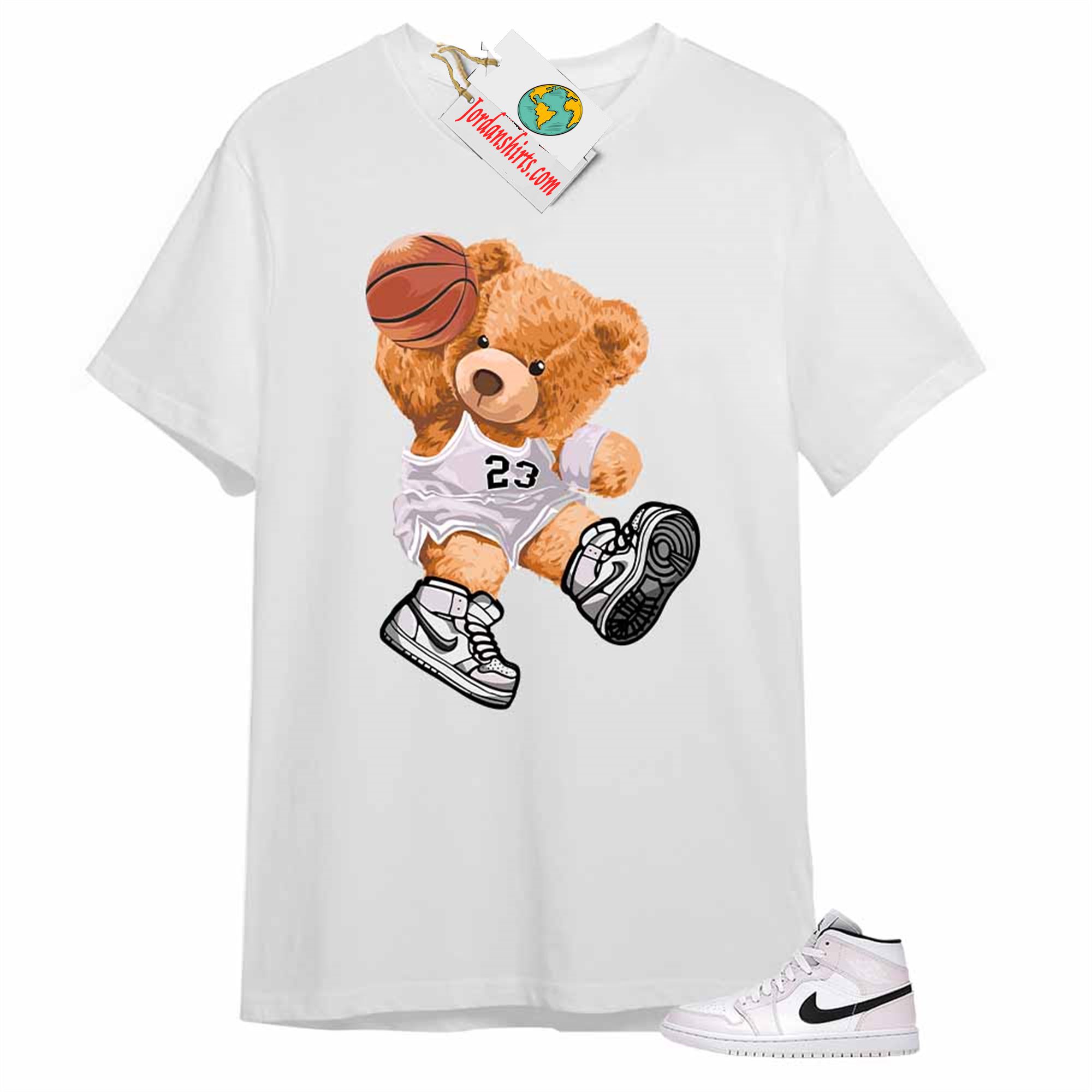 Jordan 1 Shirt, Teddy Bear Basketball Jump White Air Jordan 1 Barely Rose 1s Plus Size Up To 5xl