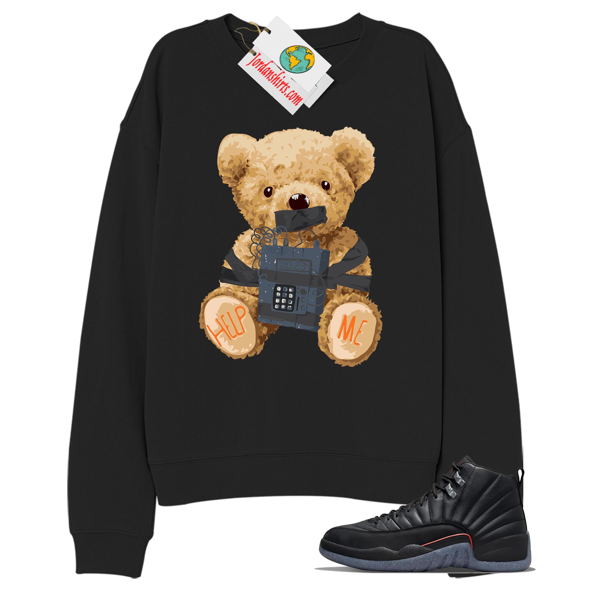 Jordan 12 Sweatshirt, Teddy Bear Bomb Black Sweatshirt Air Jordan 12 Utility Grind 12s Plus Size Up To 5xl