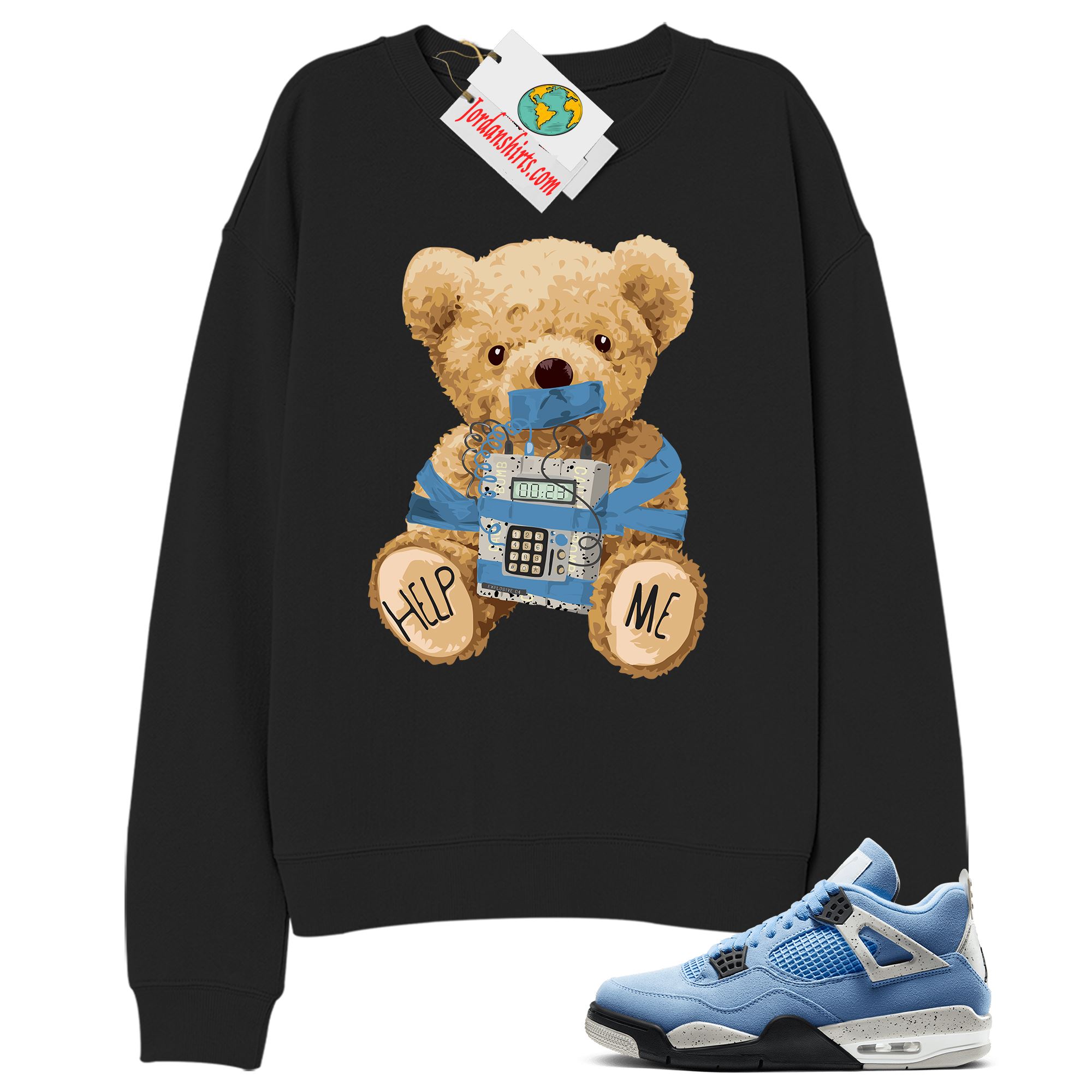 Jordan 4 Sweatshirt, Teddy Bear Bomb Black Sweatshirt Air Jordan 4 University Blue 4s Full Size Up To 5xl