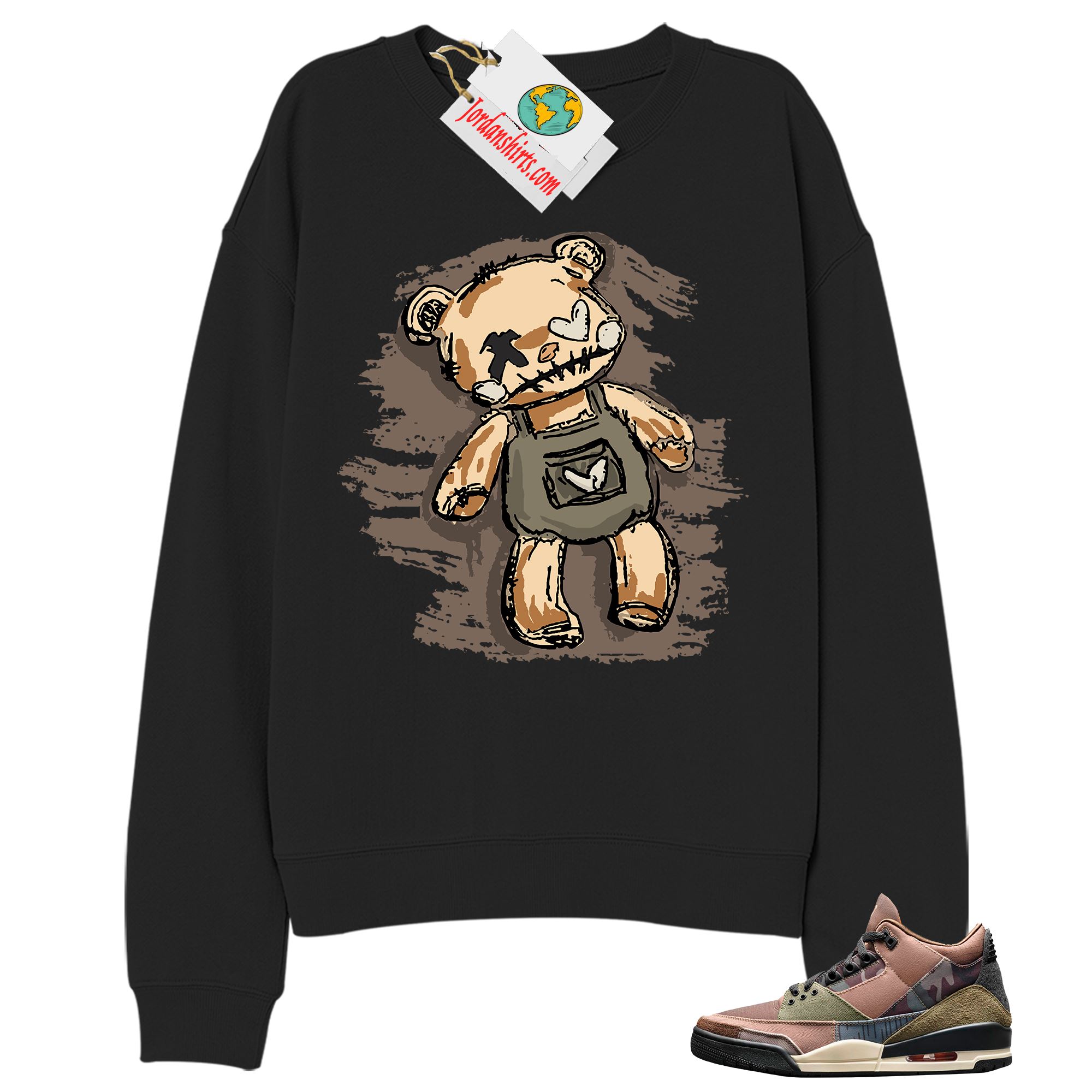 Jordan 3 Sweatshirt, Teddy Bear Broken Heart Black Sweatshirt Air Jordan 3 Camo 3s Full Size Up To 5xl