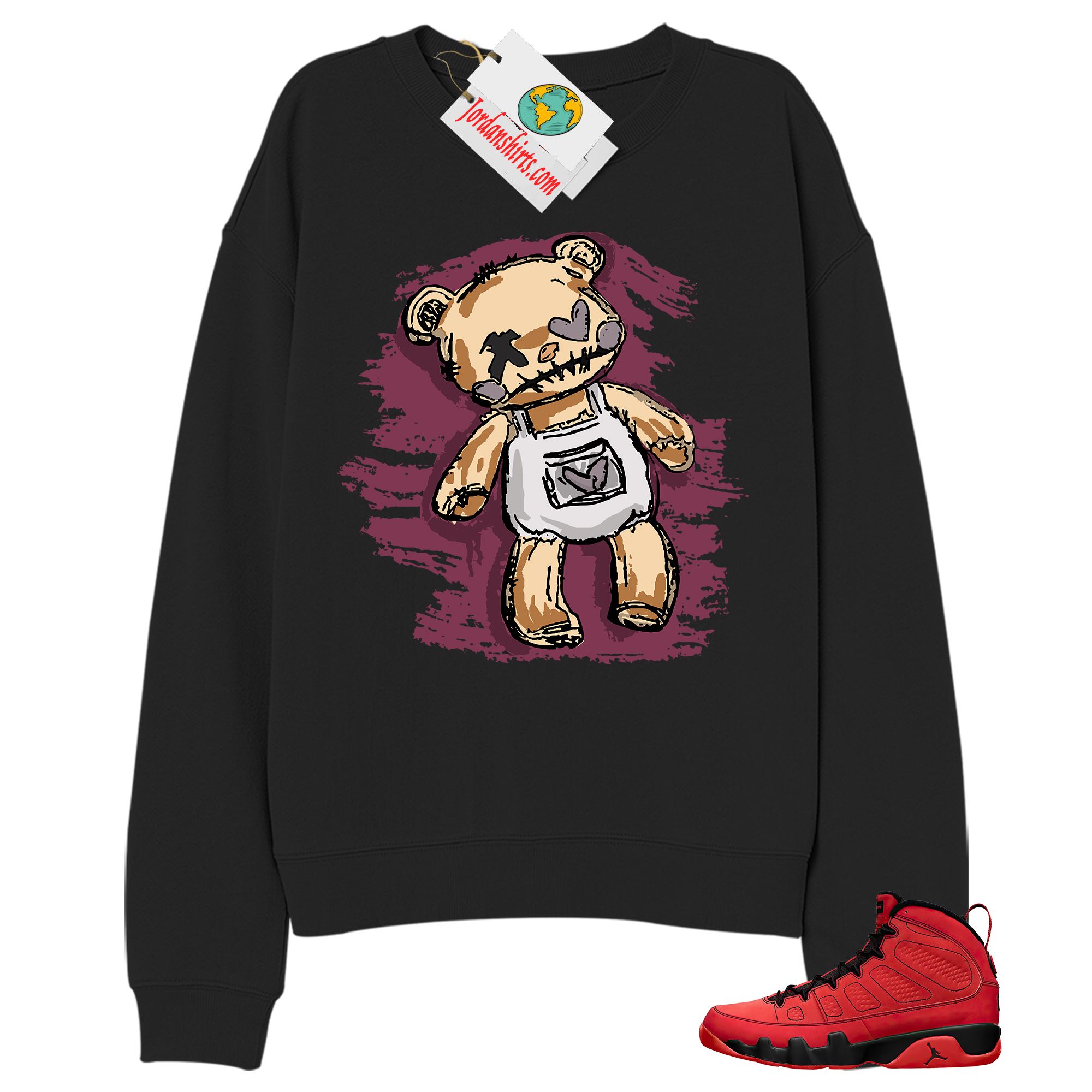 Jordan 9 Sweatshirt, Teddy Bear Broken Heart Black Sweatshirt Air Jordan 9 Chile Red 9s Full Size Up To 5xl