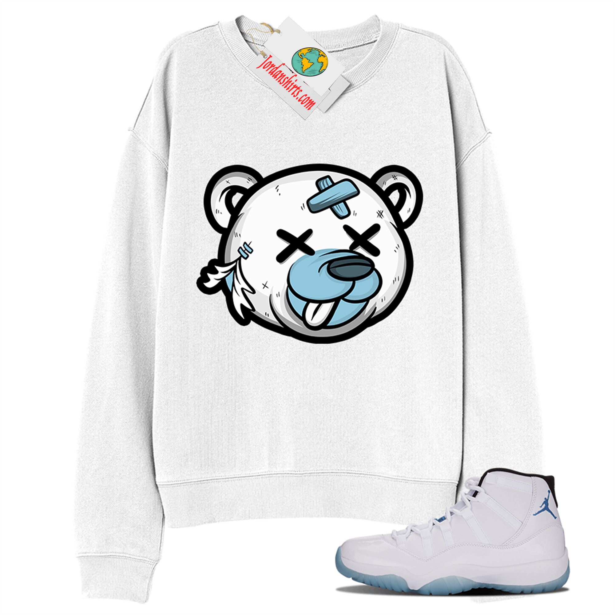 Jordan 11 Sweatshirt, Teddy Bear Head White Sweatshirt Air Jordan 11 Legend Blue 11s Full Size Up To 5xl