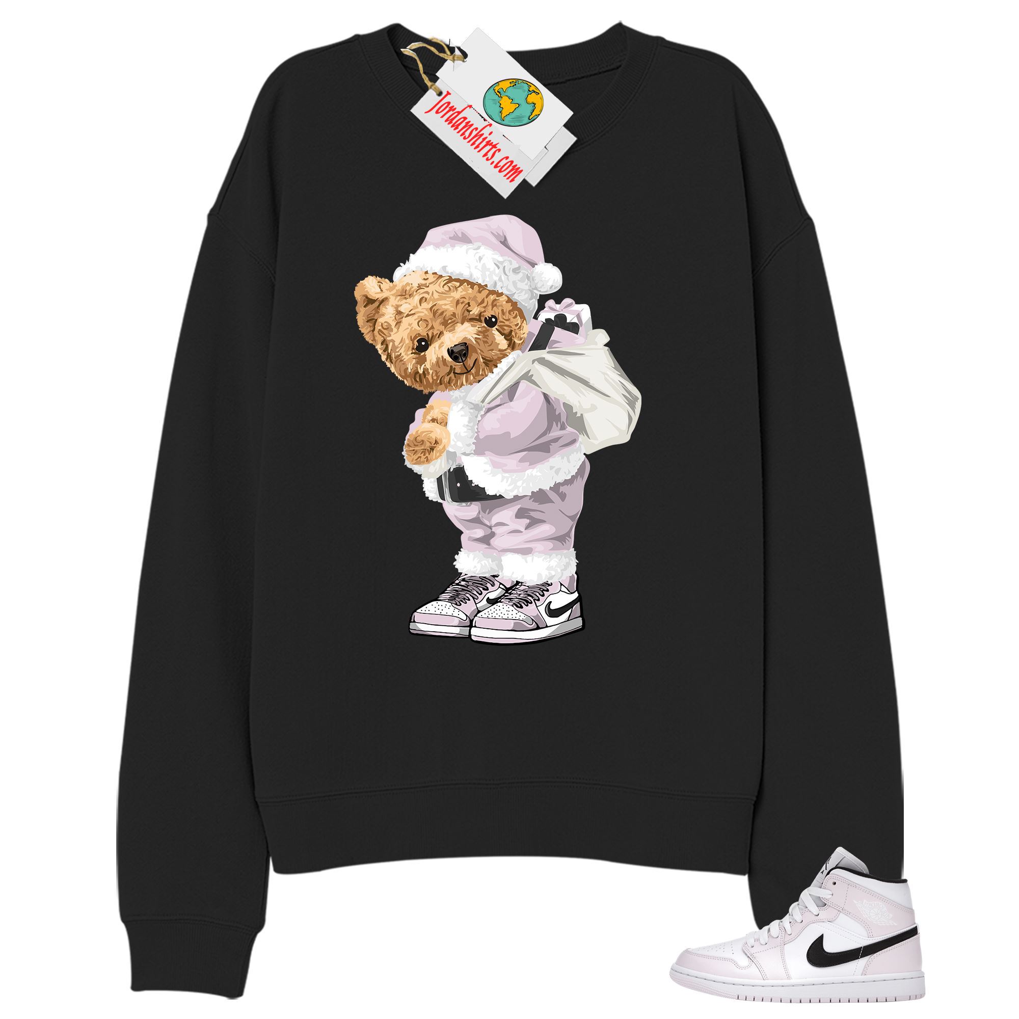 Jordan 1 Sweatshirt, Teddy Bear In Santa Claus Black Sweatshirt Air Jordan 1 Barely Rose 1s Plus Size Up To 5xl