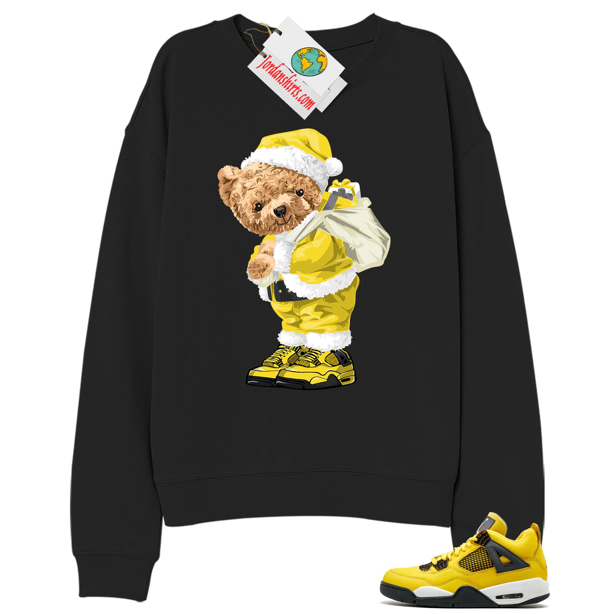 Jordan 4 Sweatshirt, Teddy Bear In Santa Claus Black Sweatshirt Air Jordan 4 Tour Yellow Lightning 4s-trungten-r0c9x Full Size Up To 5xl