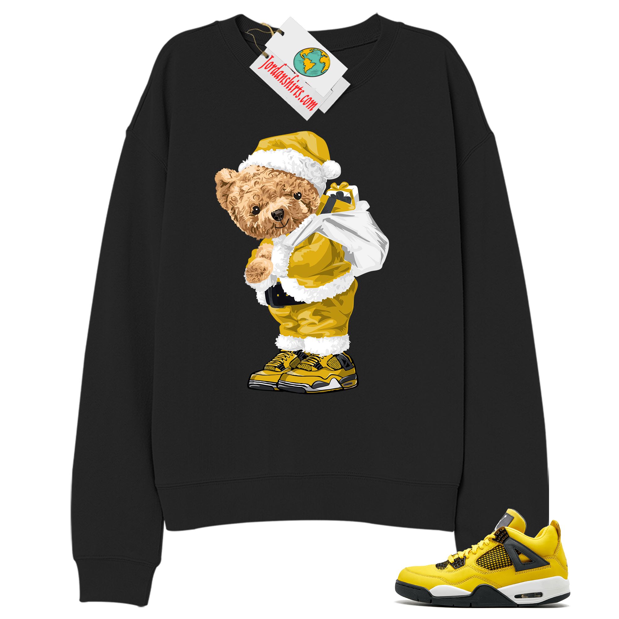 Jordan 4 Sweatshirt, Teddy Bear In Santa Claus Black Sweatshirt Air Jordan 4 Tour Yellow Lightning 4s Full Size Up To 5xl