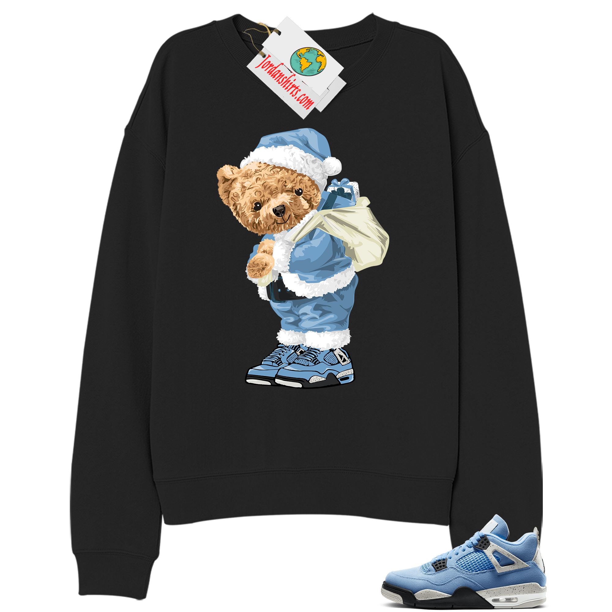 Jordan 4 Sweatshirt, Teddy Bear In Santa Claus Black Sweatshirt Air Jordan 4 University Blue 4s Size Up To 5xl