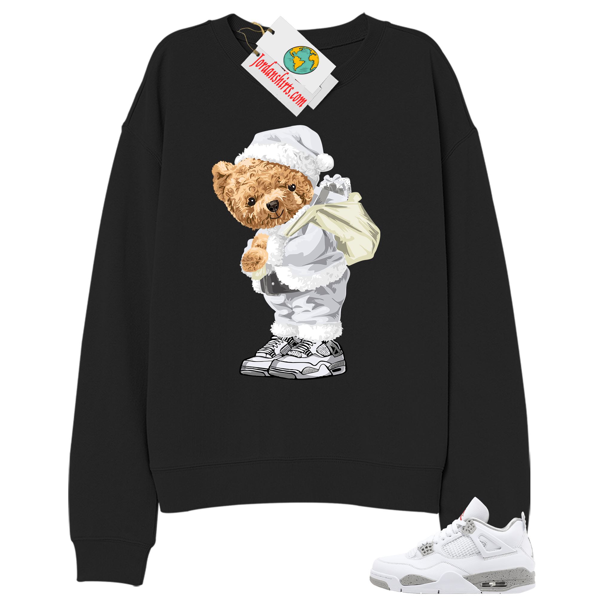 Jordan 4 Sweatshirt, Teddy Bear In Santa Claus Black Sweatshirt Air Jordan 4 White Oreo 4s Size Up To 5xl