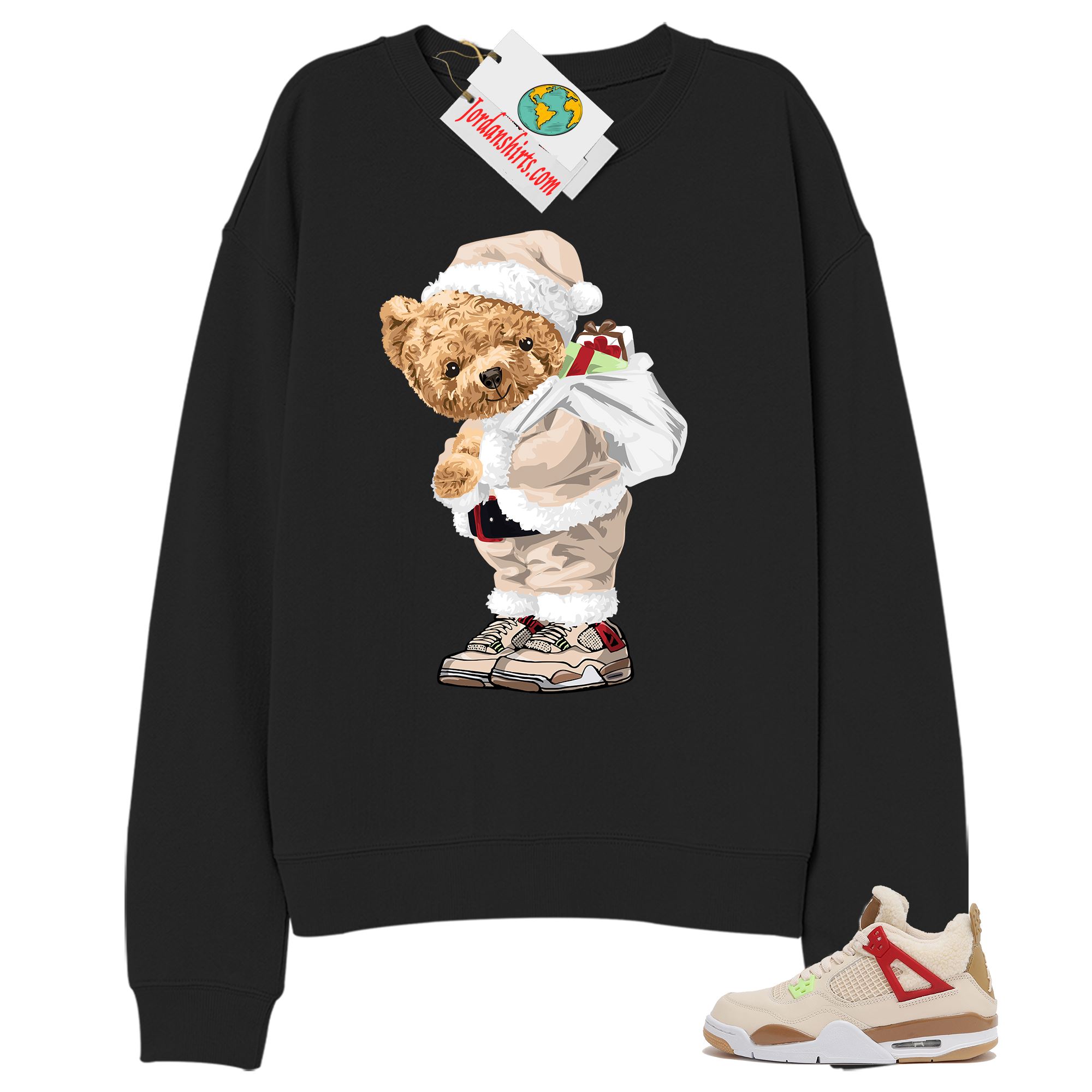 Jordan 4 Sweatshirt, Teddy Bear In Santa Claus Black Sweatshirt Air Jordan 4 Wild Things 4s Size Up To 5xl