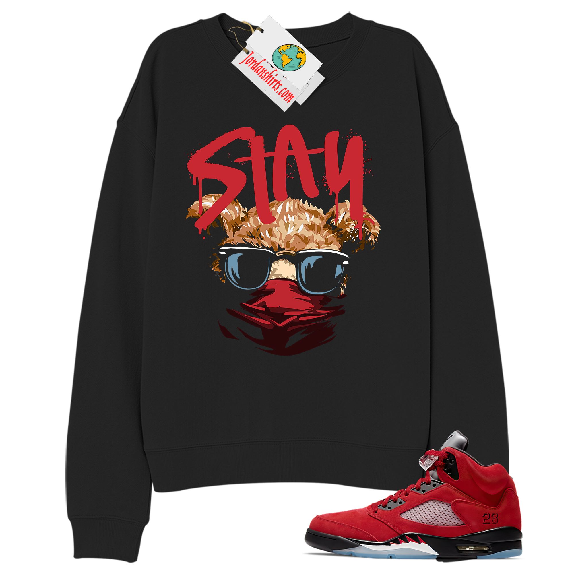 Jordan 5 Sweatshirt, Teddy Bear In Sunglasses Face Mask Black Sweatshirt Air Jordan 5 Raging Bull 5s Size Up To 5xl